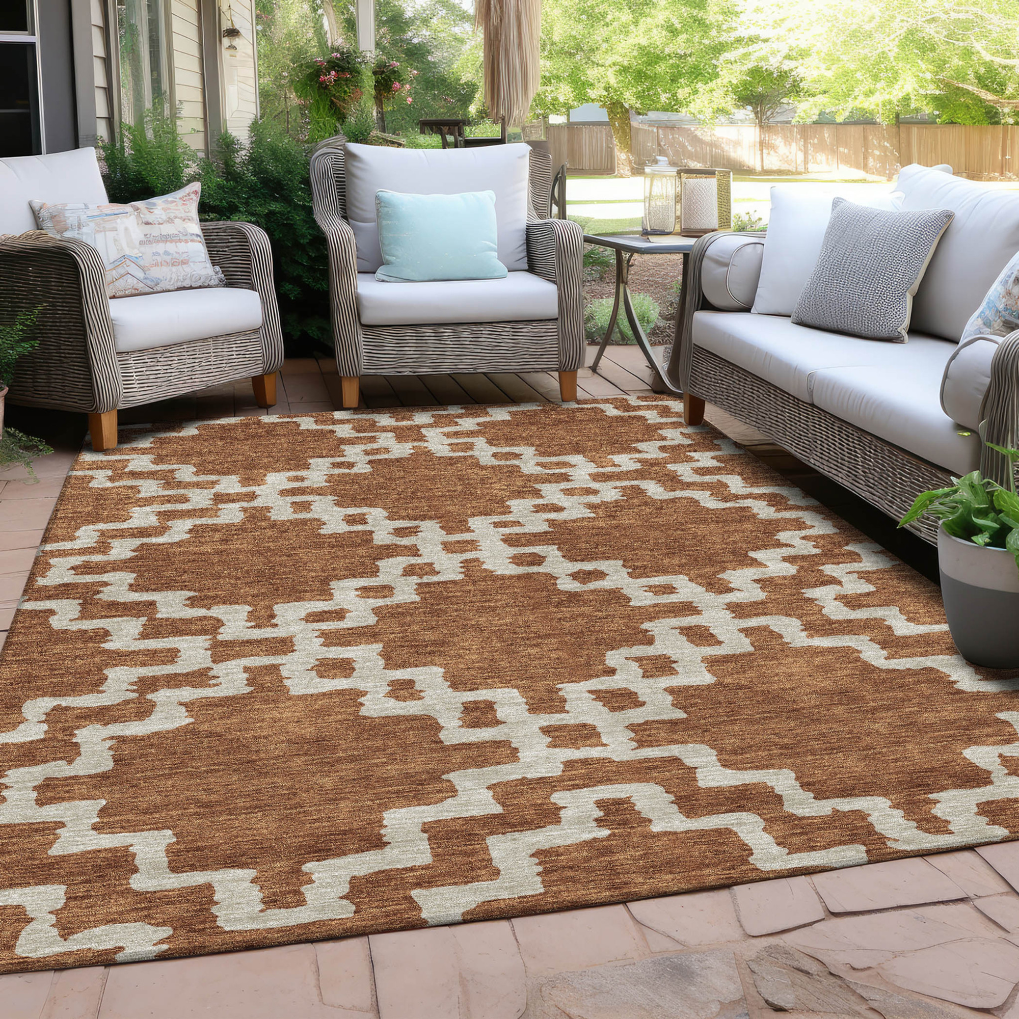 10' X 14' Brown And Ivory Geometric Washable Indoor Outdoor Area Rug - 1 - Sports & Outdoor