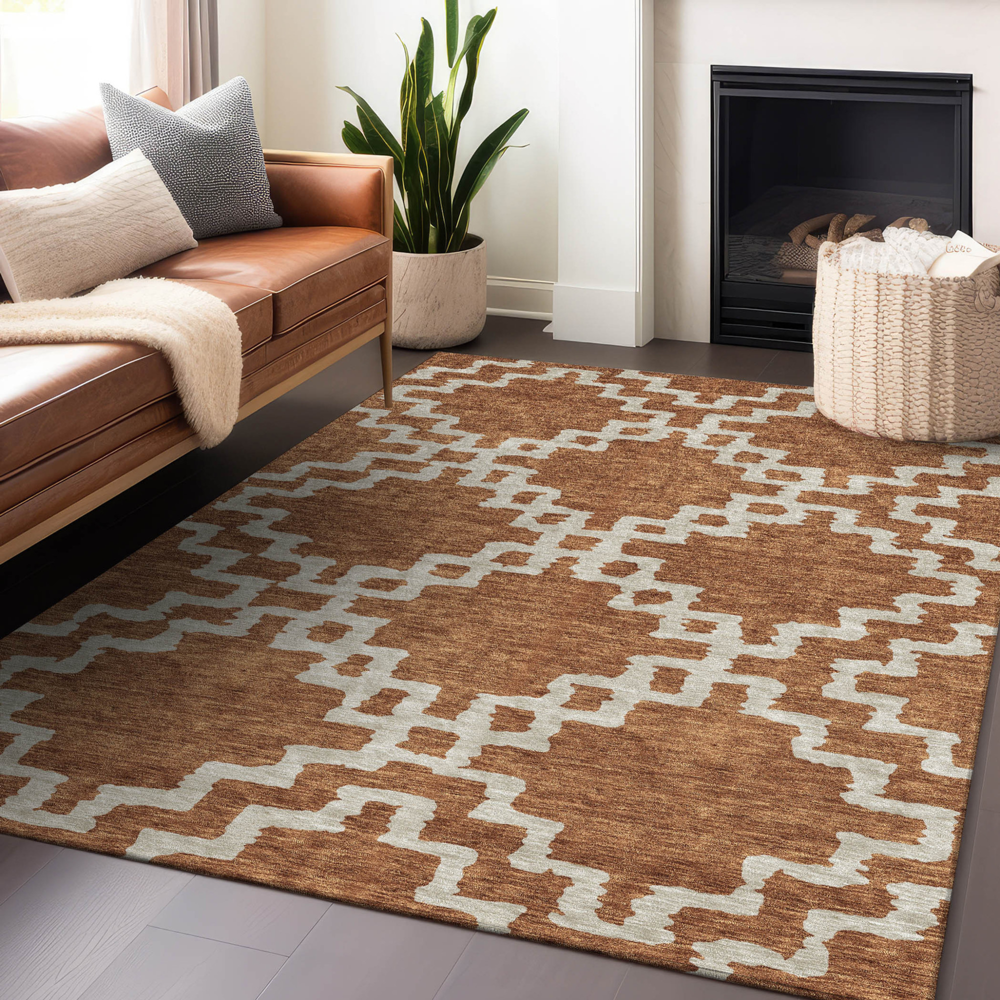 10' X 14' Brown And Ivory Geometric Washable Indoor Outdoor Area Rug - 1 - Sports & Outdoor