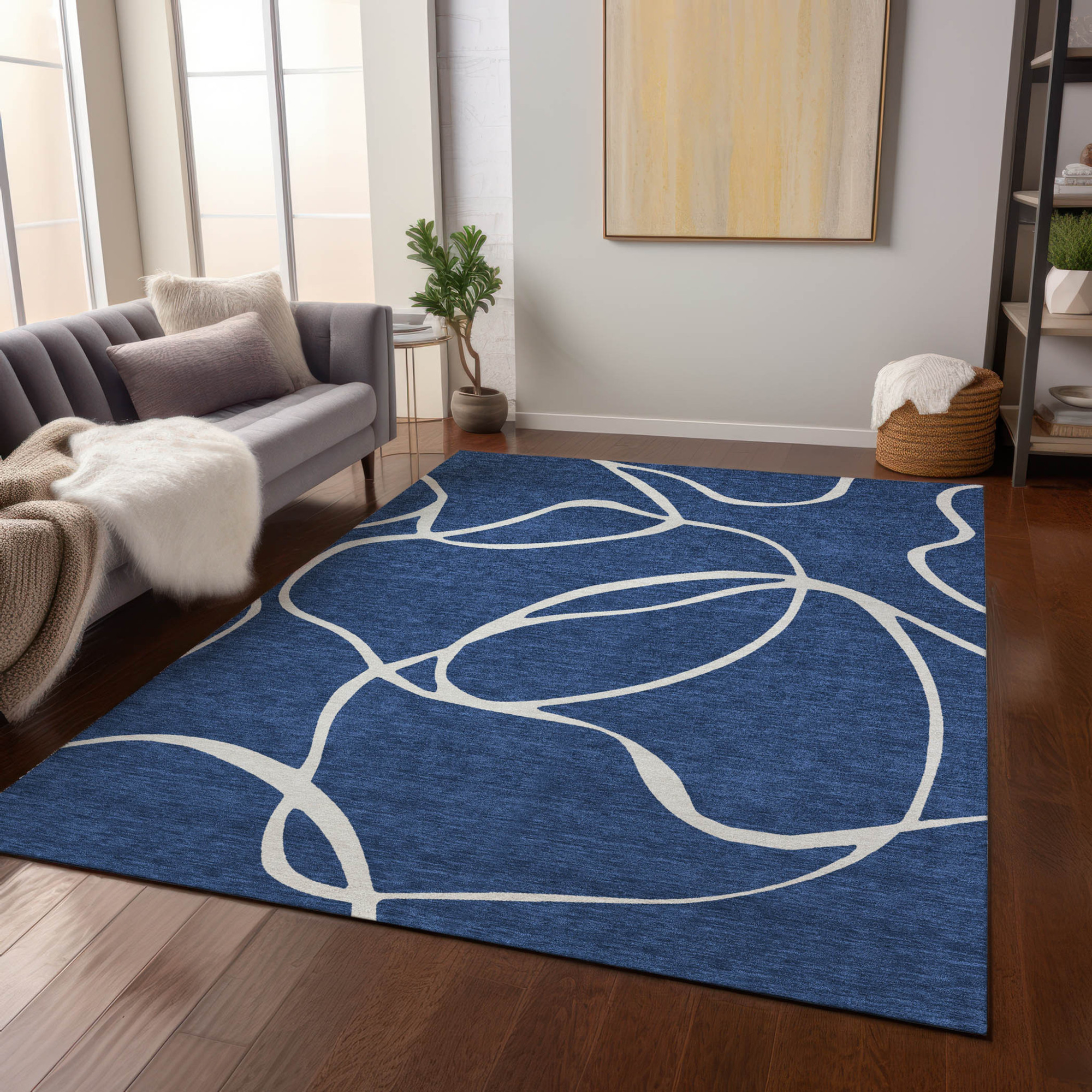 10' X 14' Navy Blue And Ivory Abstract Washable Indoor Outdoor Area Rug - 1 - Sports & Outdoor