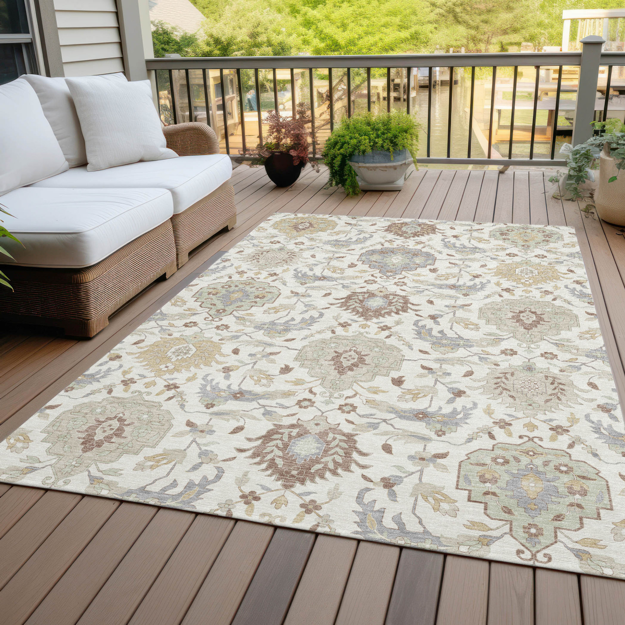 10' X 14' Ivory Brown And Gray Damask Washable Indoor Outdoor Area Rug - 1 - Sports & Outdoor