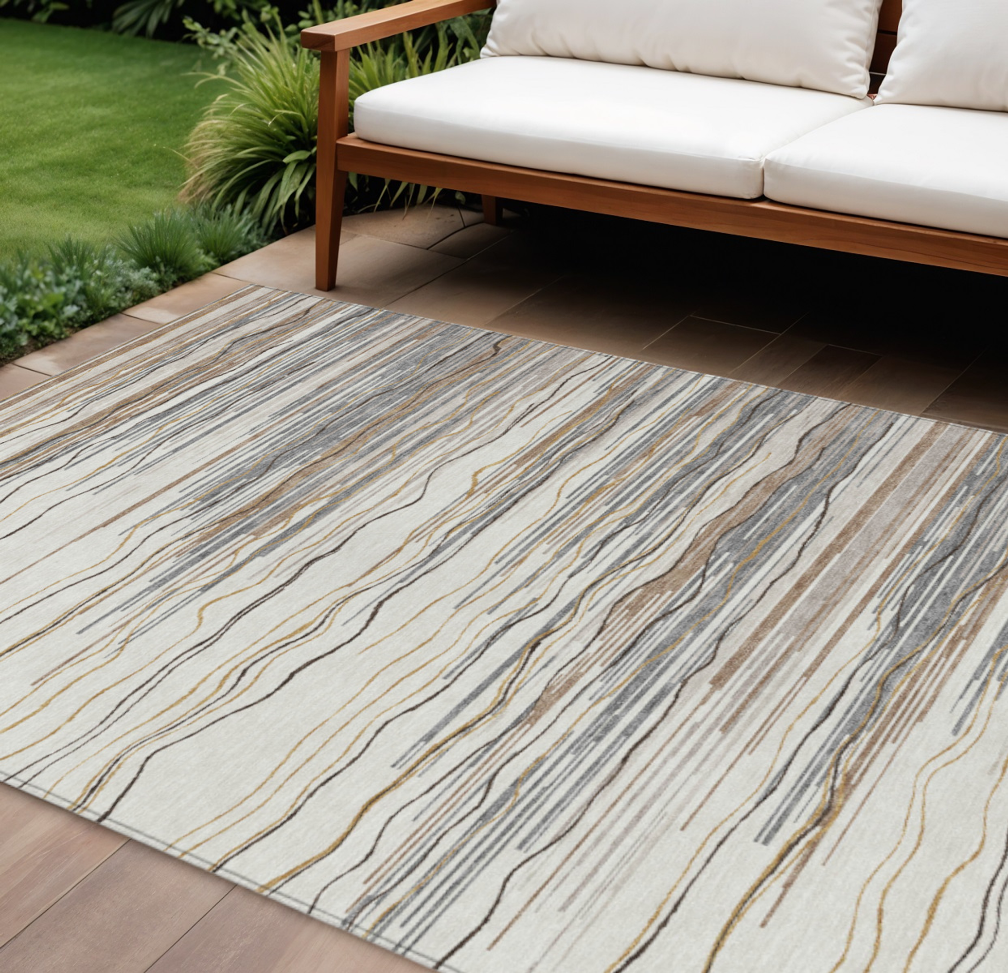 10' X 14' Ivory Brown And Gray Striped Washable Indoor Outdoor Area Rug - 1 - Sports & Outdoor