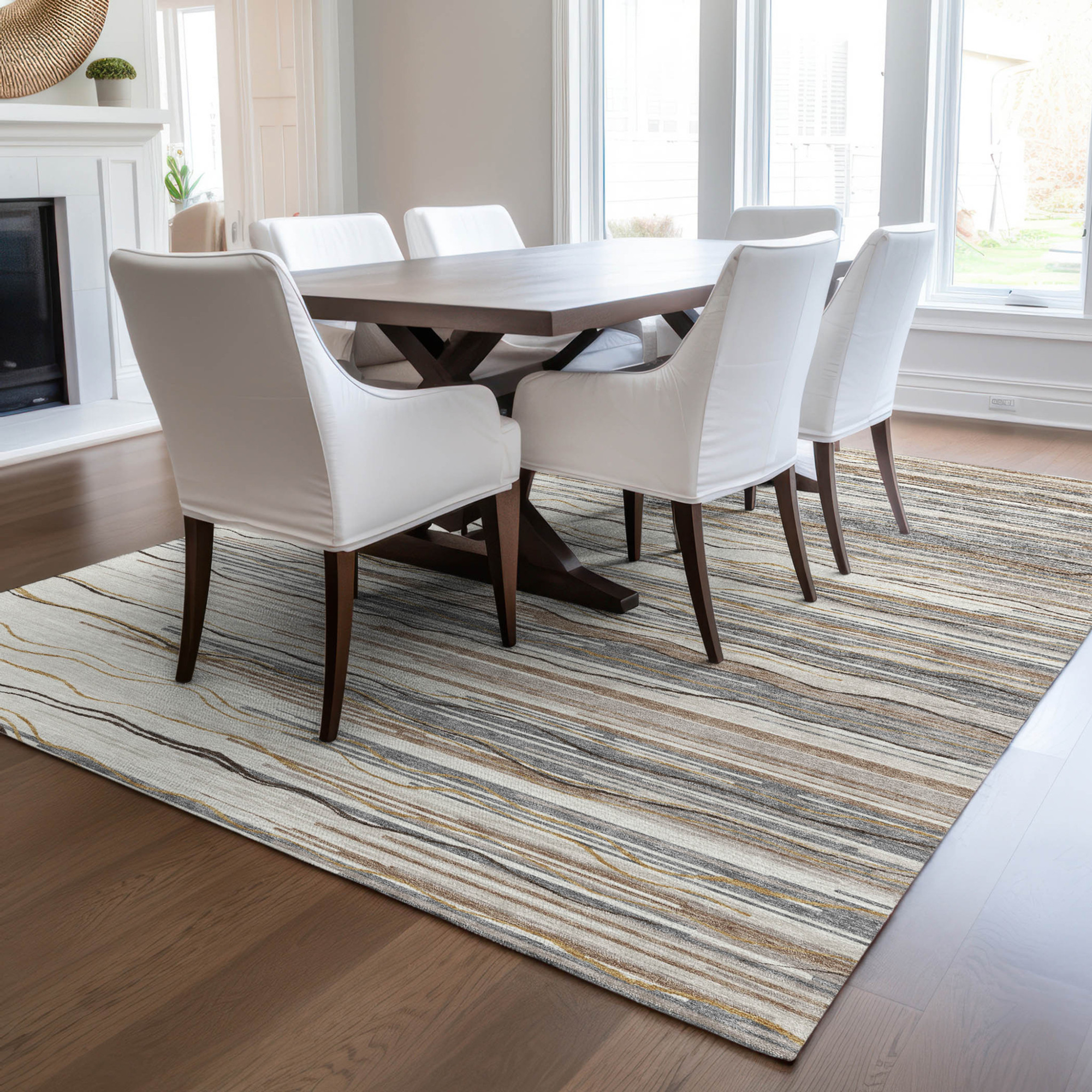 10' X 14' Ivory Brown And Gray Striped Washable Indoor Outdoor Area Rug - 1 - Sports & Outdoor