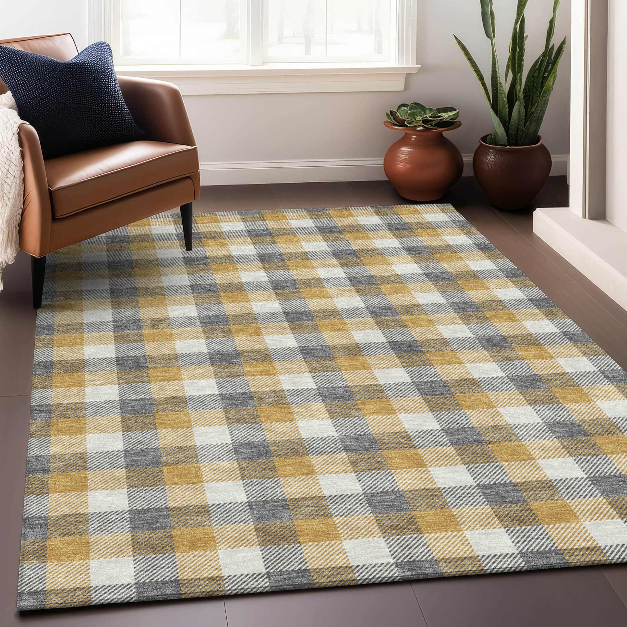 10' X 14' Gray Tan And Beige Plaid Washable Indoor Outdoor Area Rug - 1 - Sports & Outdoor