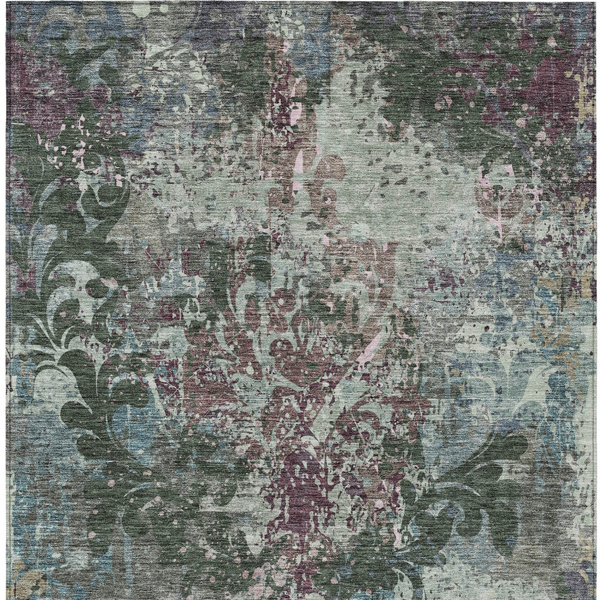 10' X 14' Fern Green And Purple Damask Washable Indoor Outdoor Area Rug - 1 - Sports & Outdoor