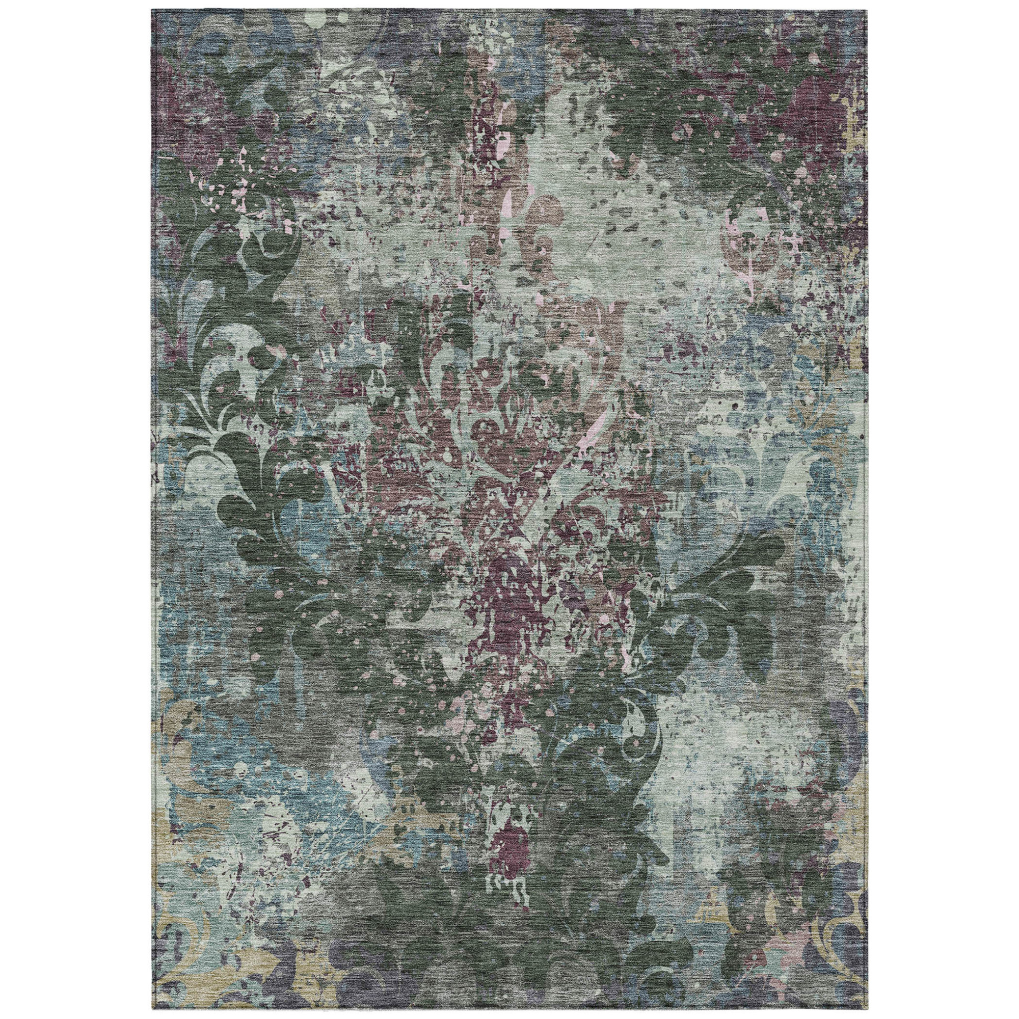 10' X 14' Fern Green And Purple Damask Washable Indoor Outdoor Area Rug - 1 - Sports & Outdoor