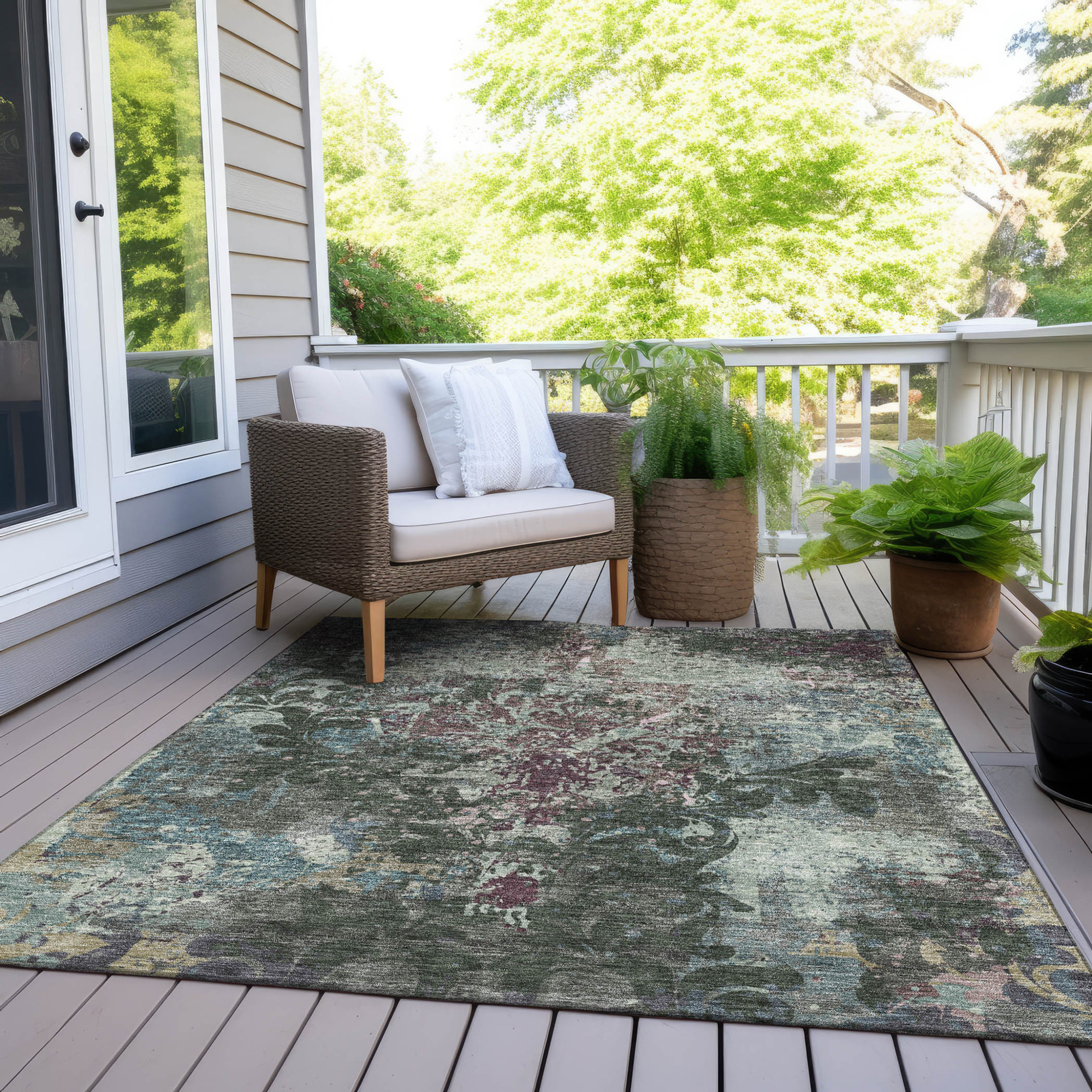 10' X 14' Fern Green And Purple Damask Washable Indoor Outdoor Area Rug - 1 - Sports & Outdoor