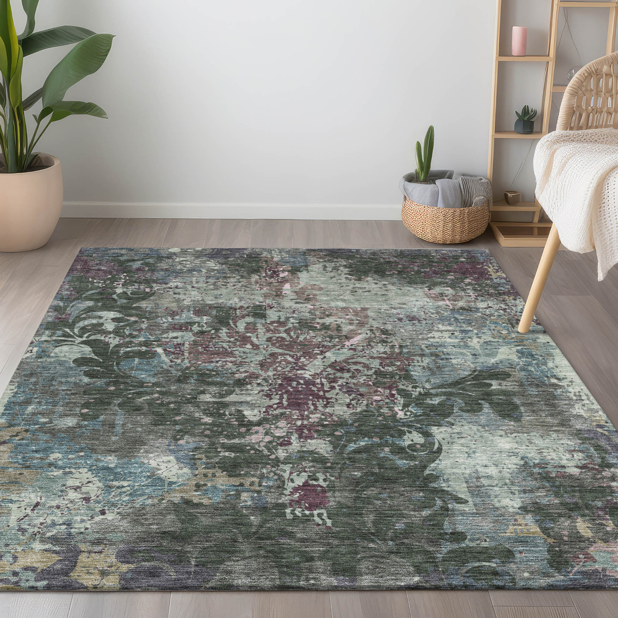10' X 14' Fern Green And Purple Damask Washable Indoor Outdoor Area Rug - 1 - Sports & Outdoor