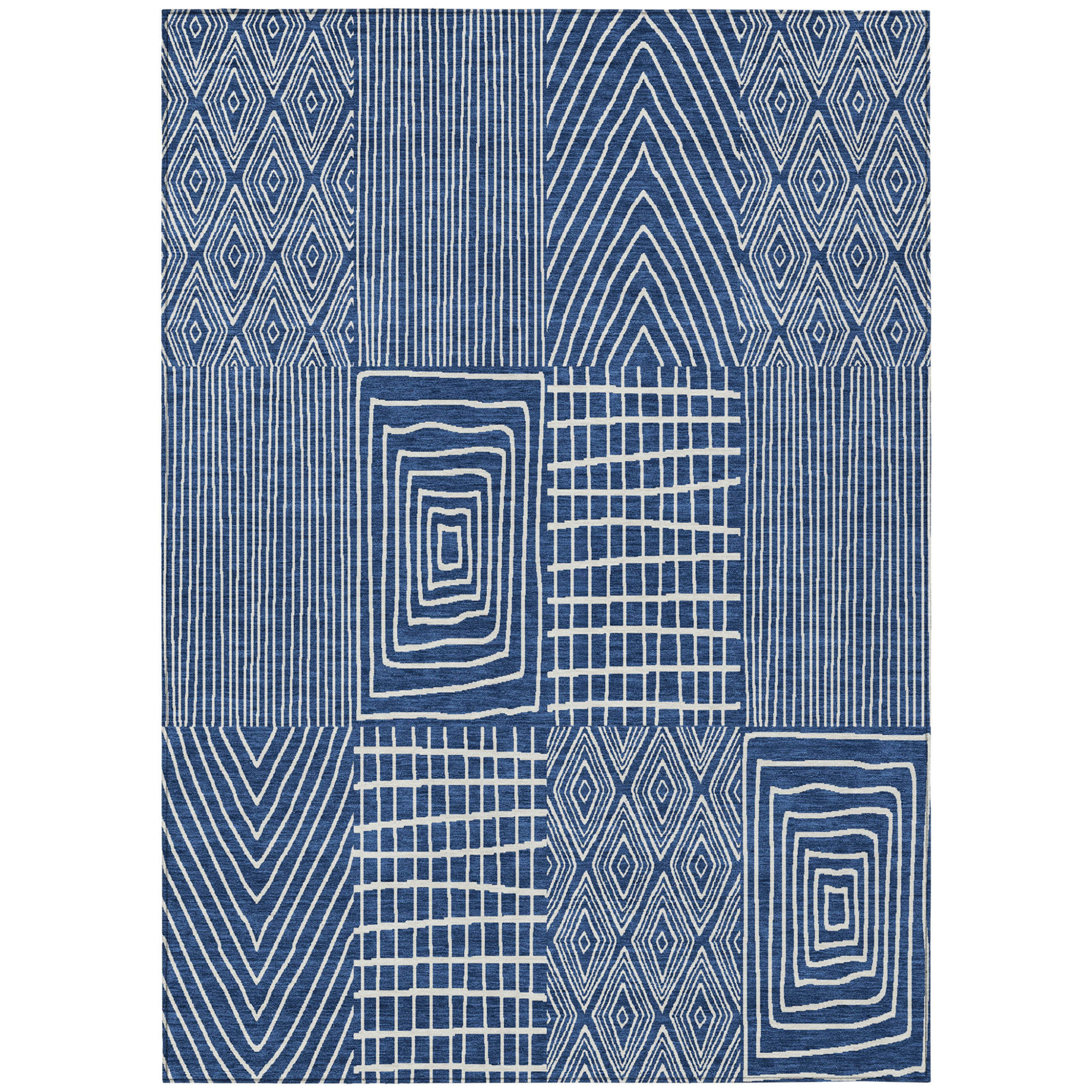 10' X 14' Navy Blue And Ivory Geometric Washable Indoor Outdoor Area Rug - 1 - Sports & Outdoor