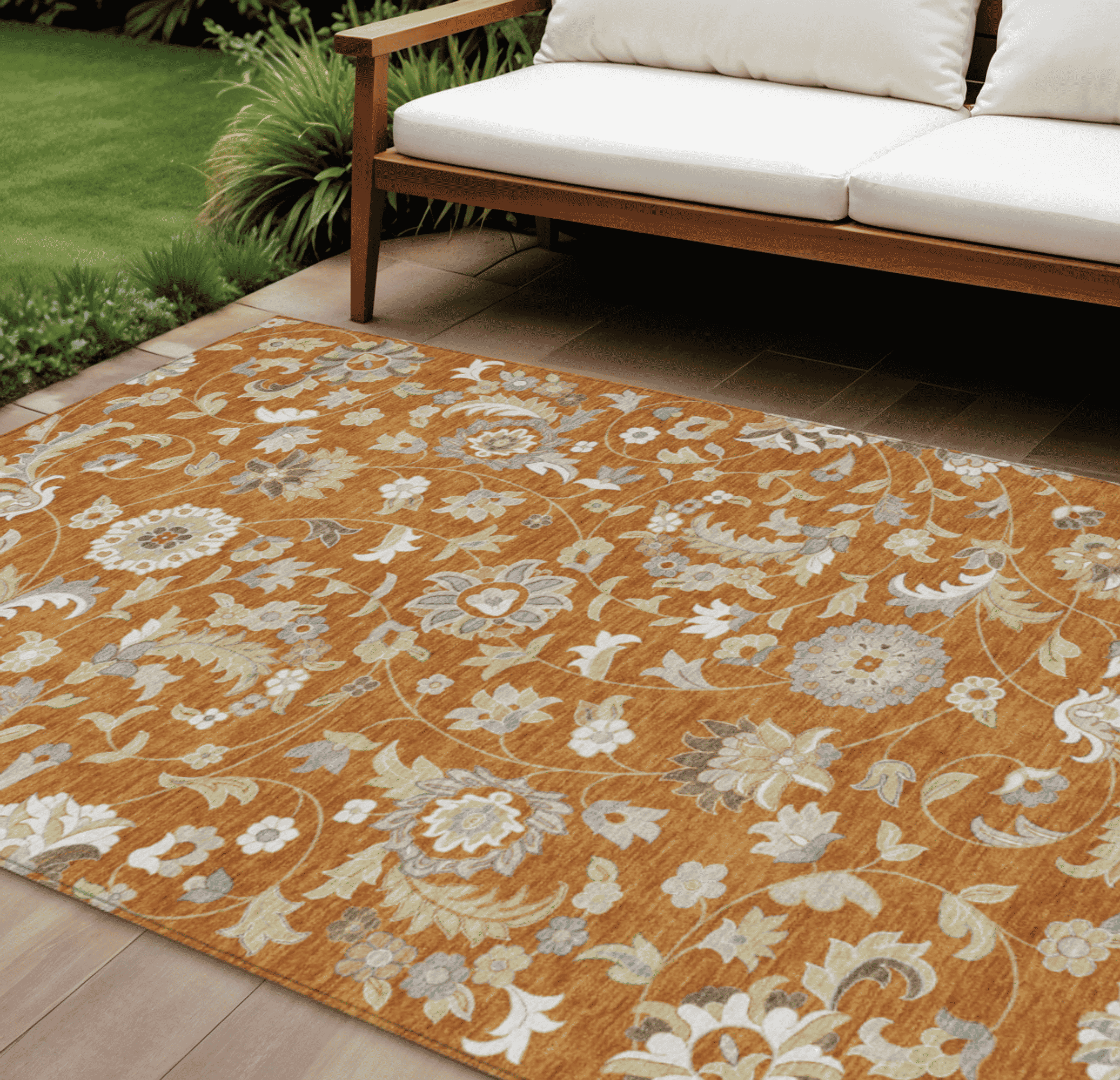 10' X 14' Copper Green And Gray Floral Washable Indoor Outdoor Area Rug - 1 - Sports & Outdoor