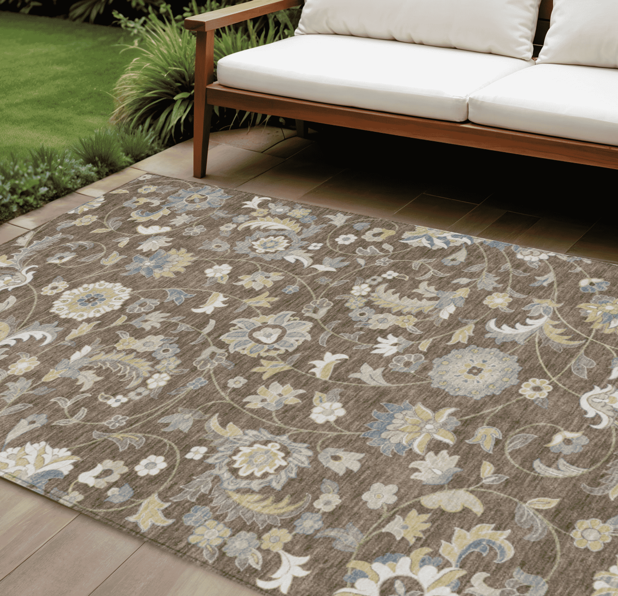 10' X 14' Chocolate Beige And Blue Floral Washable Indoor Outdoor Area Rug - 1 - Sports & Outdoor