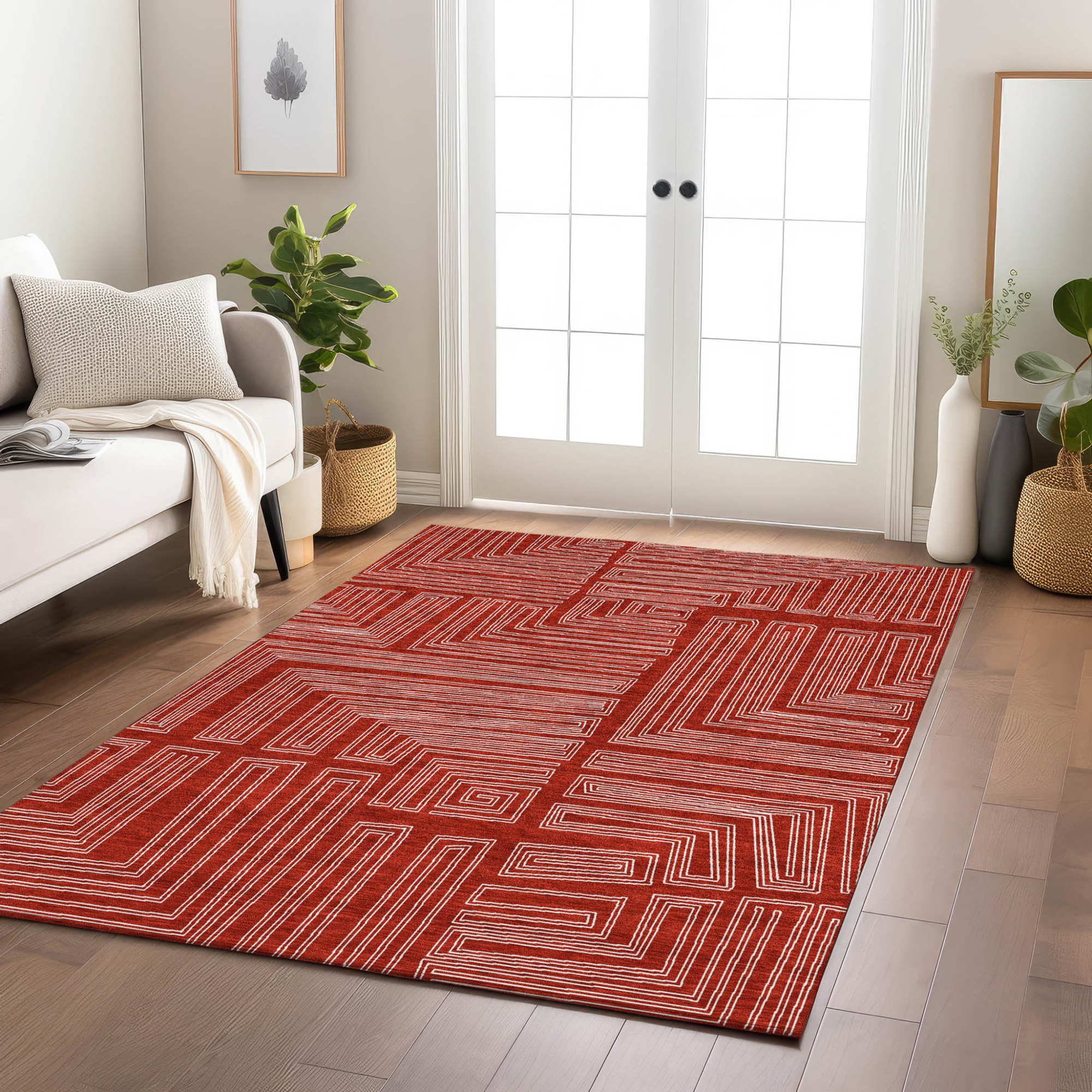 10' X 14' Red And Ivory Geometric Washable Indoor Outdoor Area Rug - 1 - Sports & Outdoor