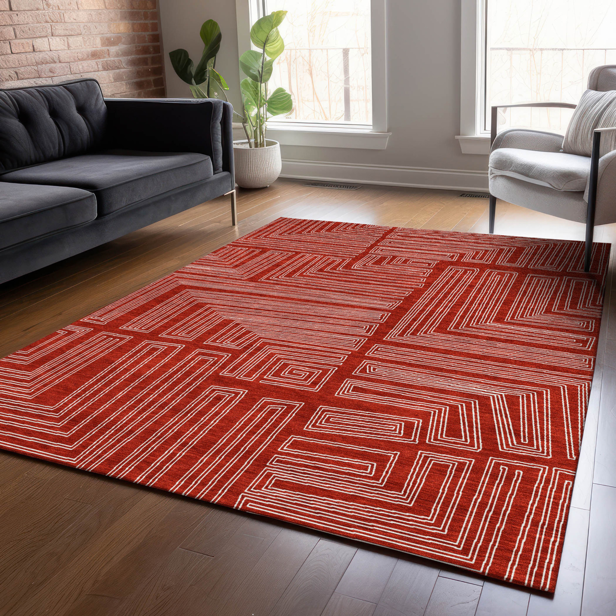 10' X 14' Red And Ivory Geometric Washable Indoor Outdoor Area Rug - 1 - Sports & Outdoor