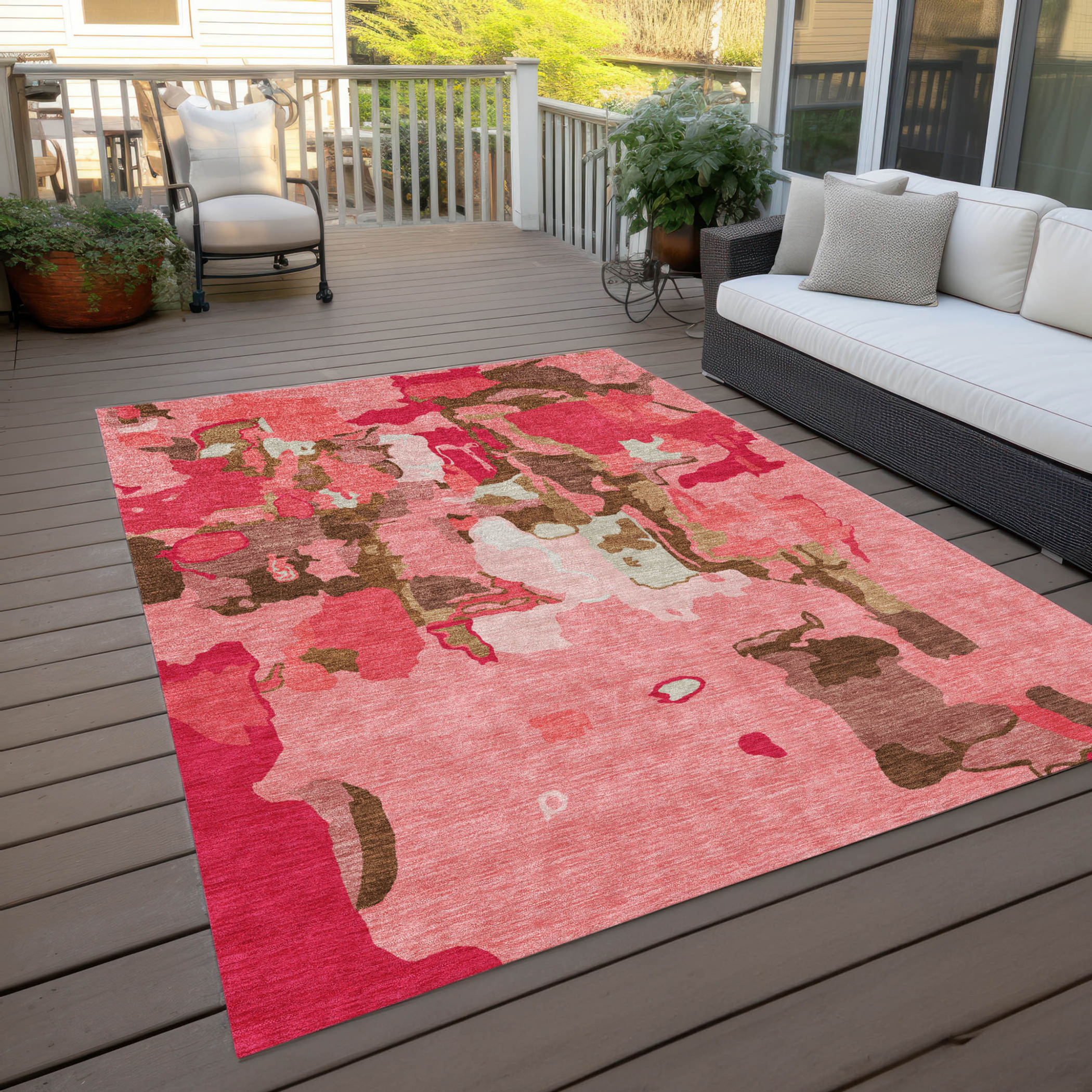 10' X 14' Coral Pink And Brown Abstract Washable Indoor Outdoor Area Rug - 1 - Sports & Outdoor