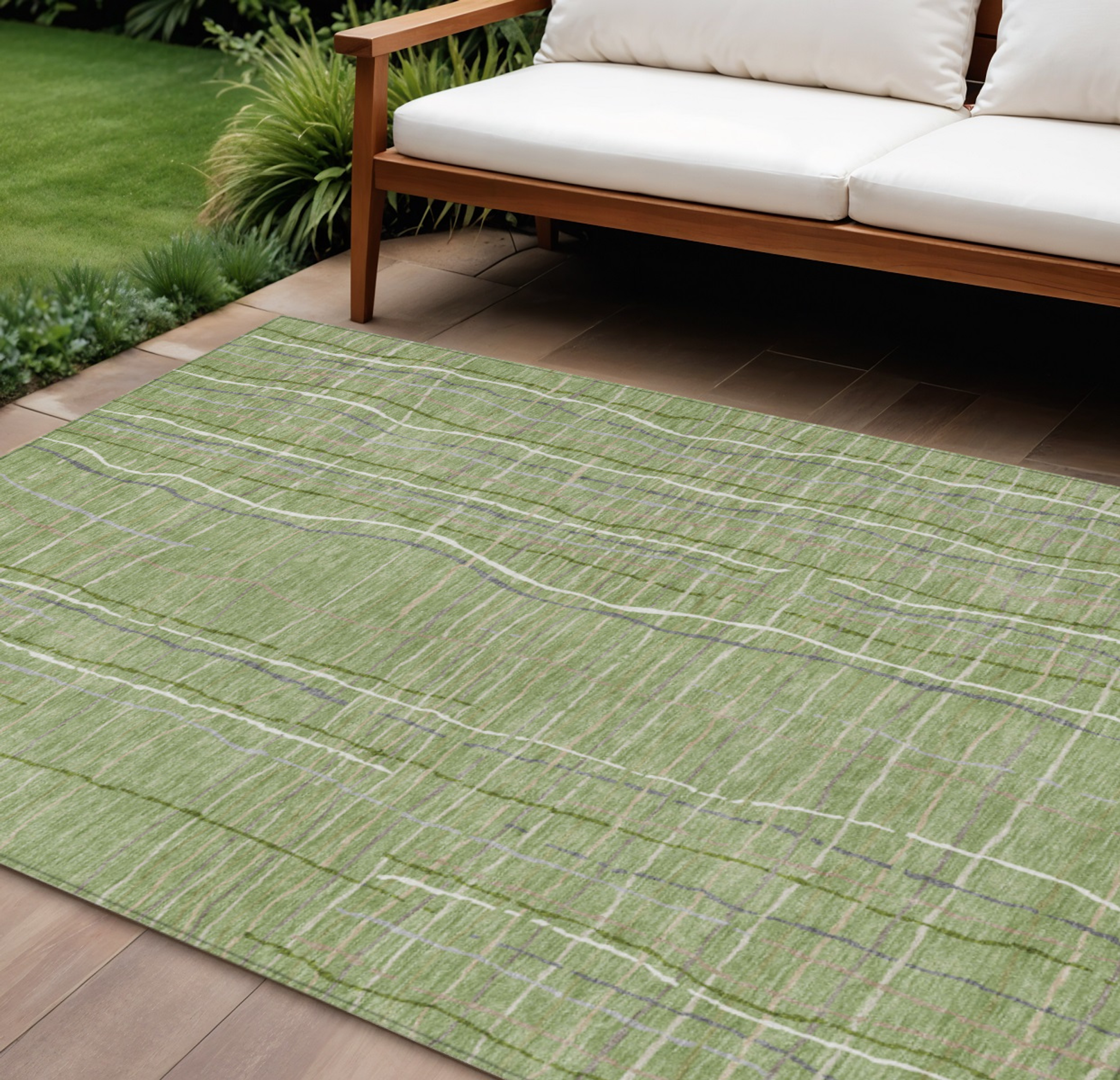 10' X 14' Green Ivory And Gray Striped Washable Indoor Outdoor Area Rug - 1 - Sports & Outdoor