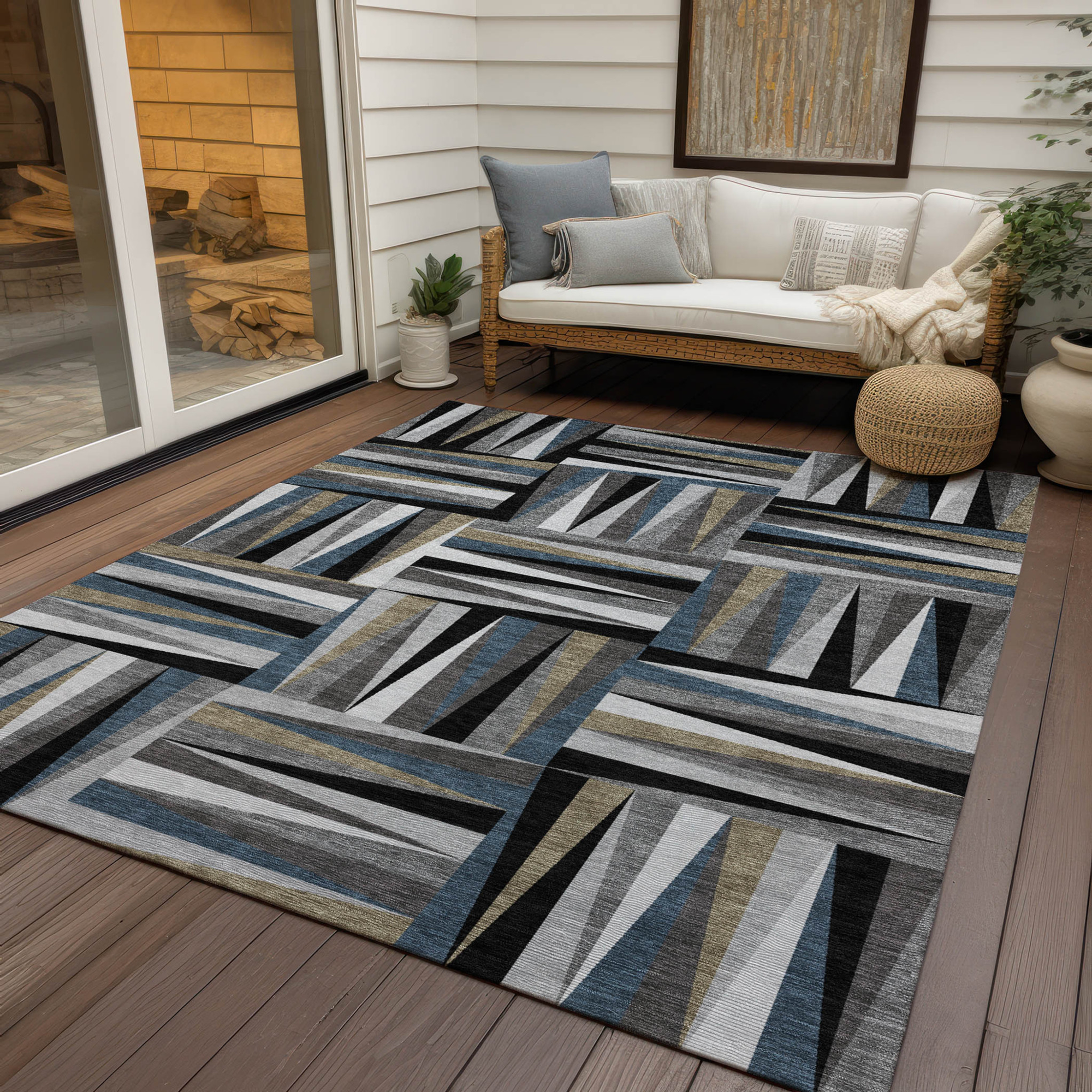 10' X 14' Black Gray And Ivory Geometric Washable Indoor Outdoor Area Rug - 1 - Sports & Outdoor