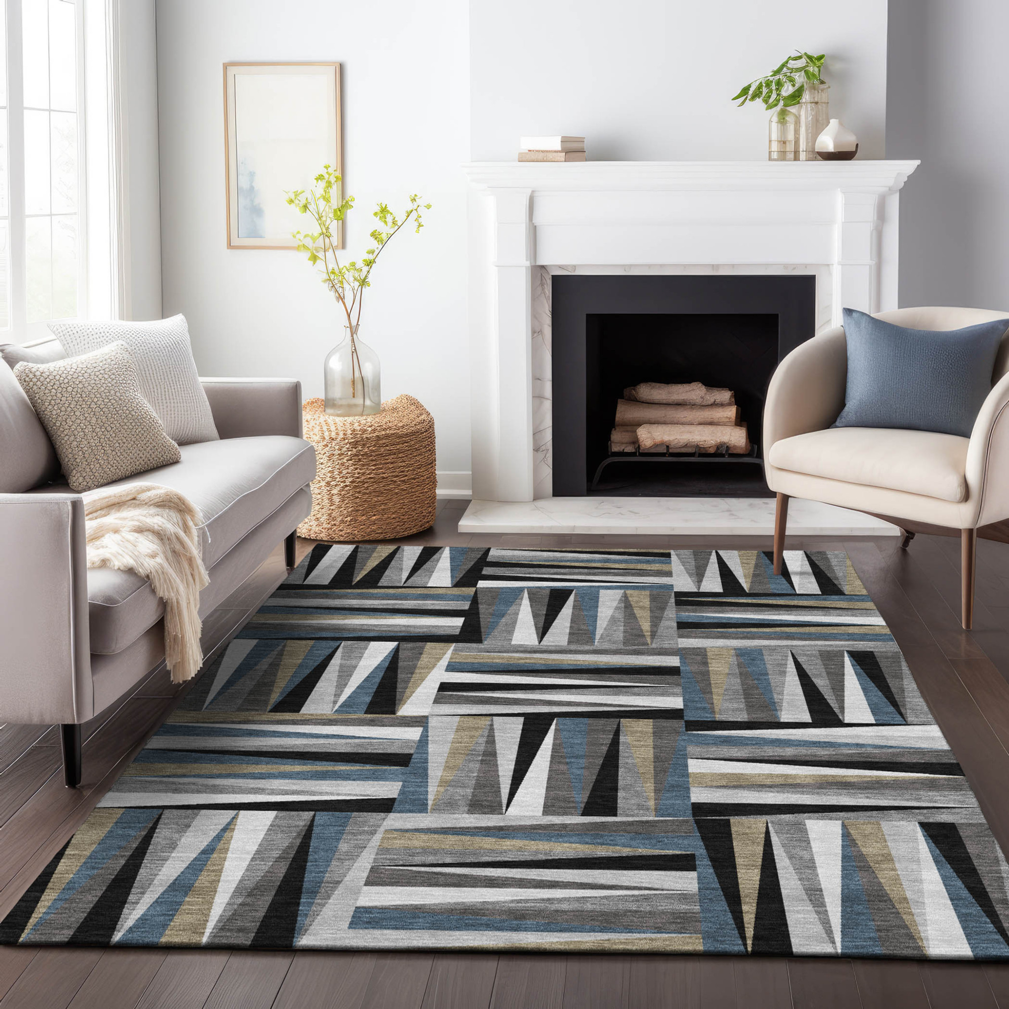 10' X 14' Black Gray And Ivory Geometric Washable Indoor Outdoor Area Rug - 1 - Sports & Outdoor