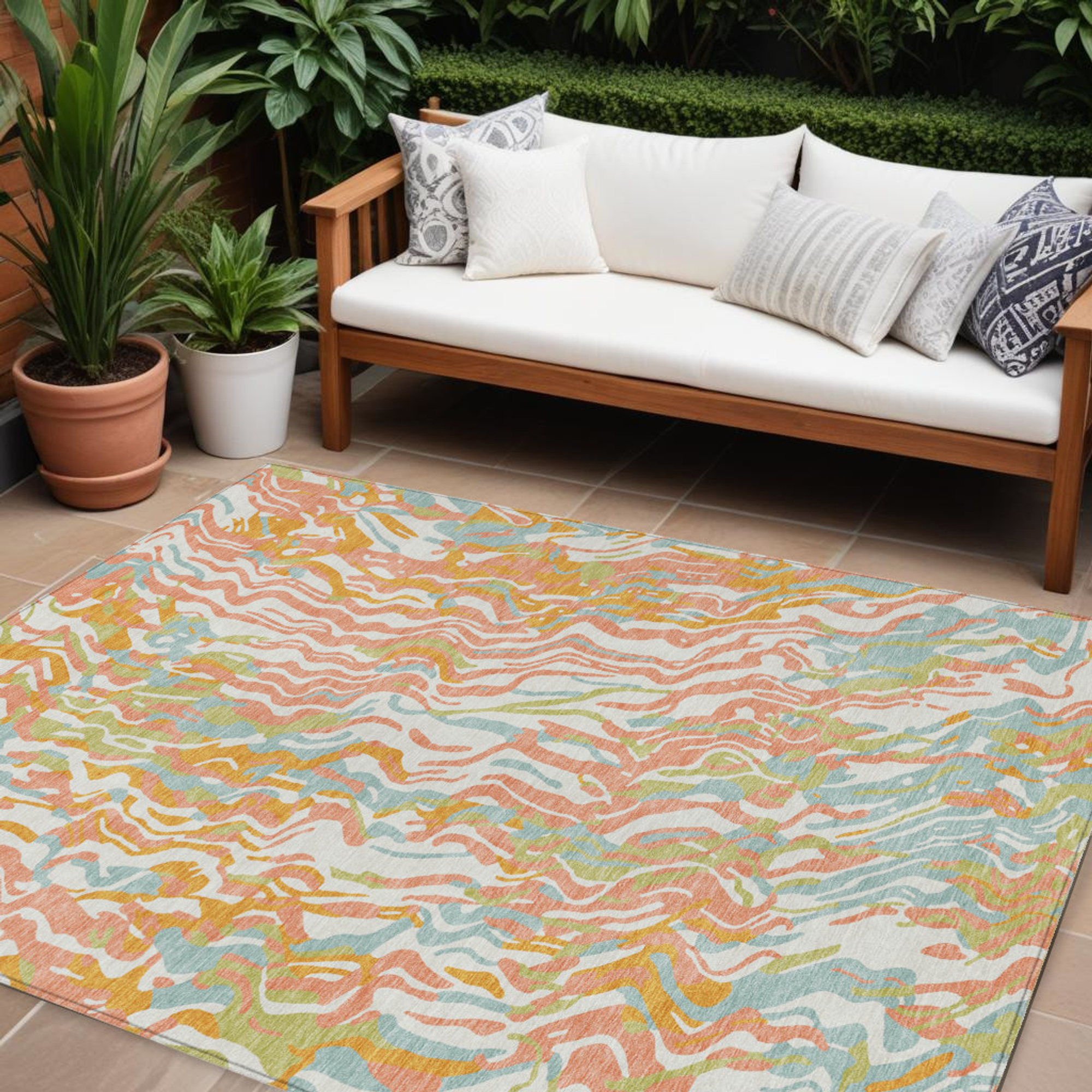 10' X 14' Coral Green And Copper Abstract Washable Indoor Outdoor Area Rug - 1 - Sports & Outdoor