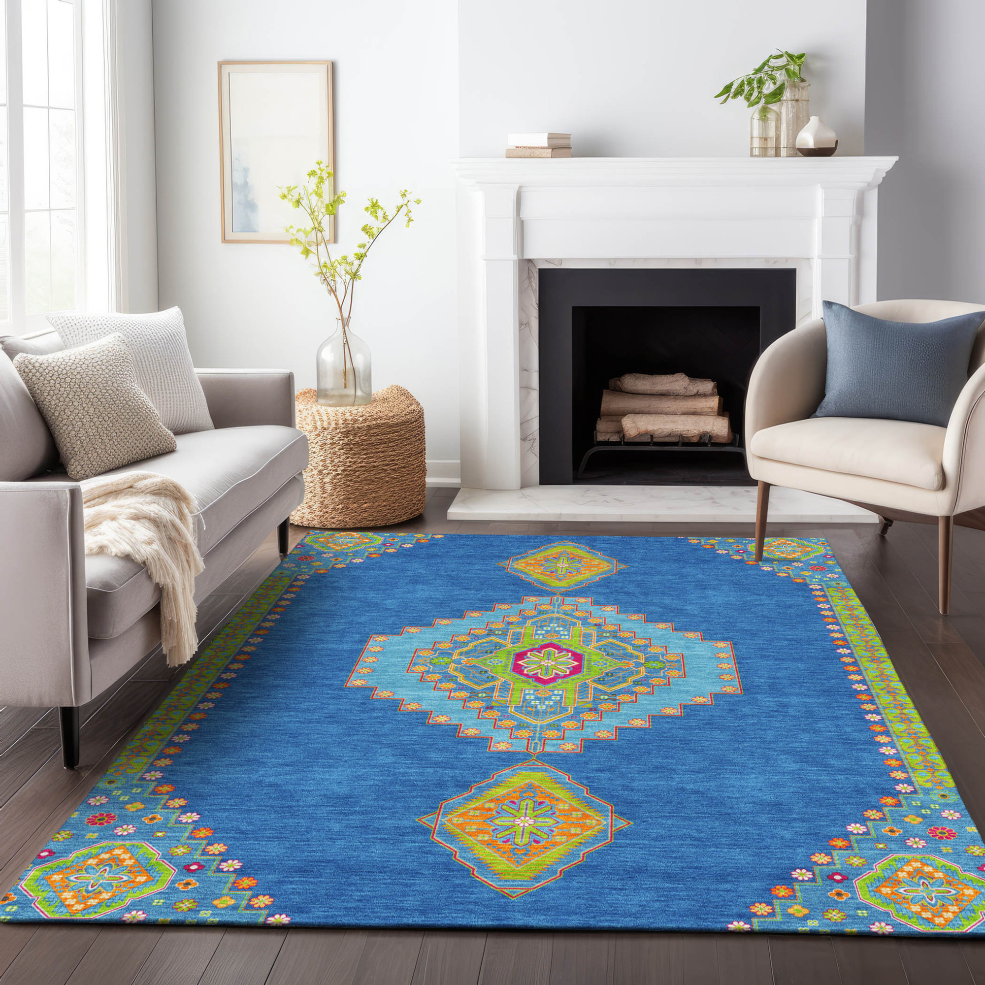 10' X 14' Denim Blue Red And Green Oriental Washable Indoor Outdoor Area Rug - 1 - Sports & Outdoor