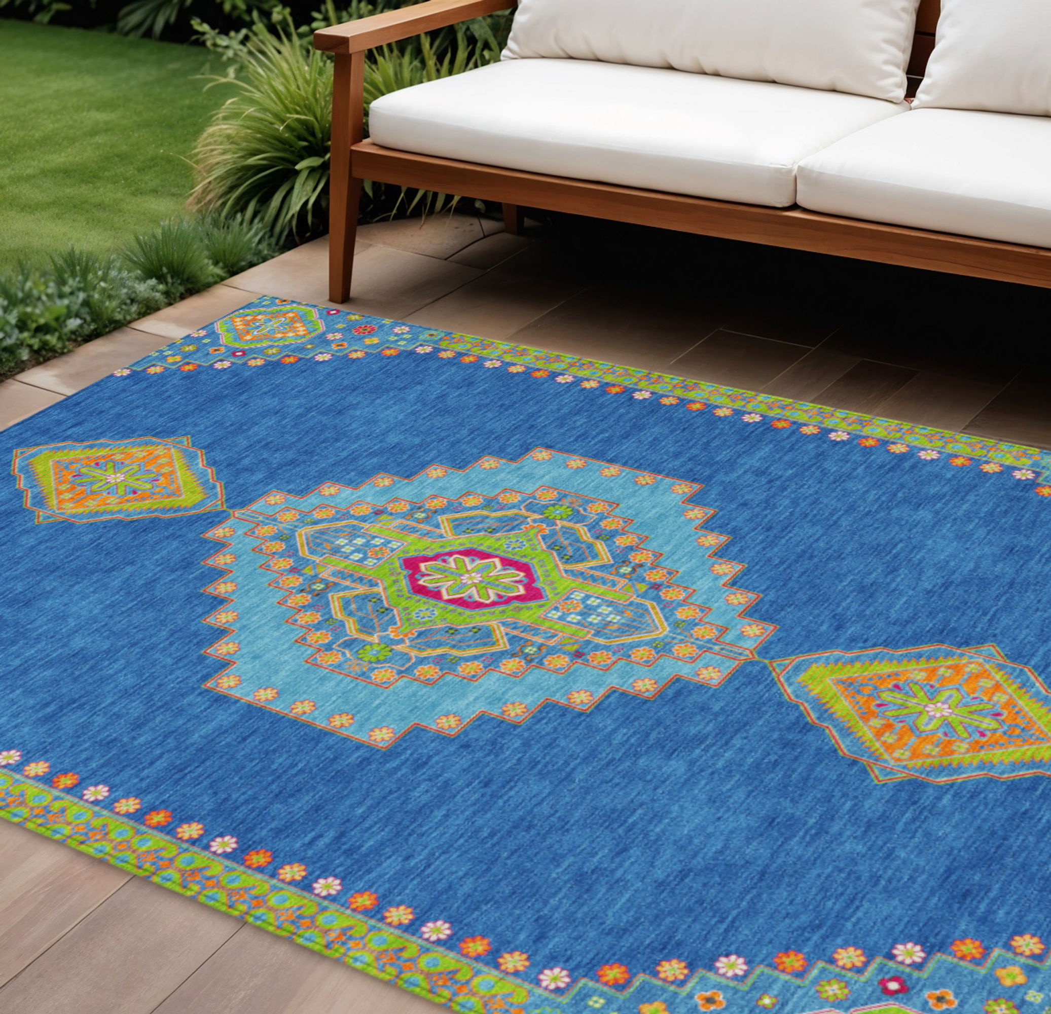 10' X 14' Denim Blue Red And Green Oriental Washable Indoor Outdoor Area Rug - 1 - Sports & Outdoor