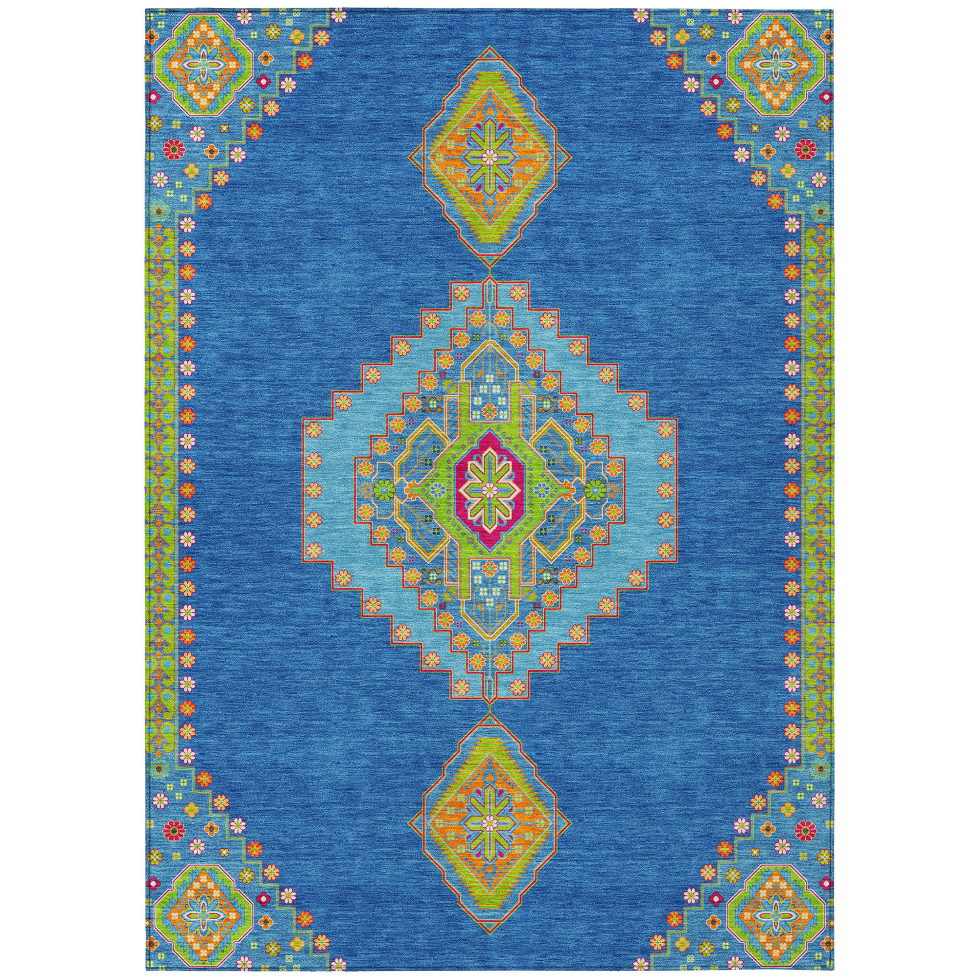 10' X 14' Denim Blue Red And Green Oriental Washable Indoor Outdoor Area Rug - 1 - Sports & Outdoor