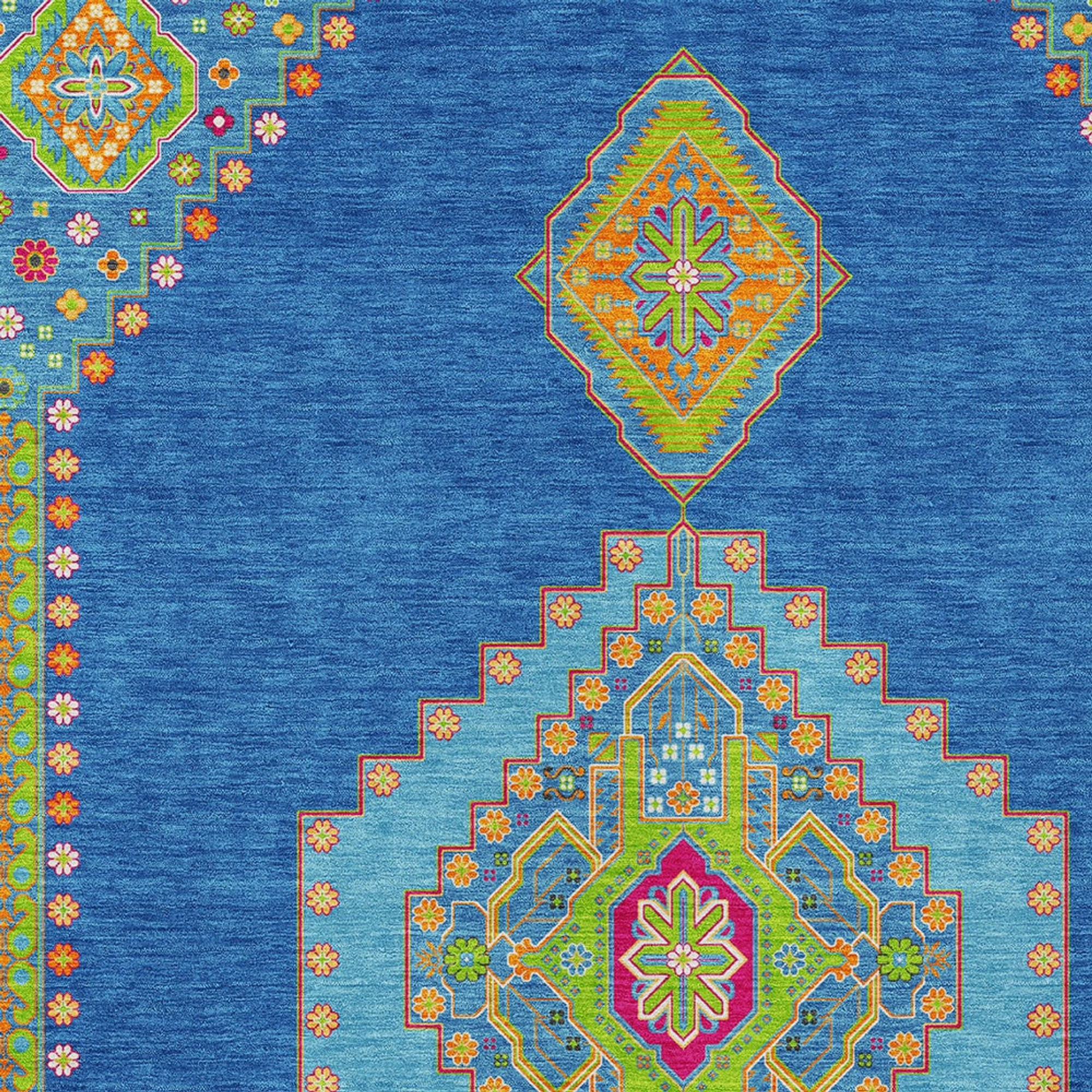 10' X 14' Denim Blue Red And Green Oriental Washable Indoor Outdoor Area Rug - 1 - Sports & Outdoor