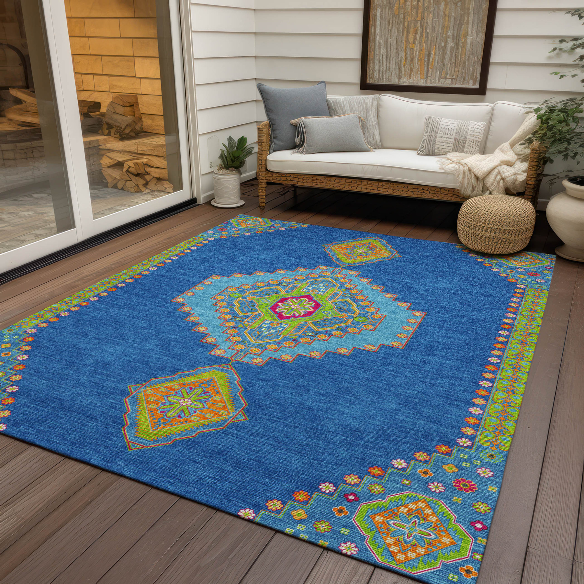 10' X 14' Denim Blue Red And Green Oriental Washable Indoor Outdoor Area Rug - 1 - Sports & Outdoor