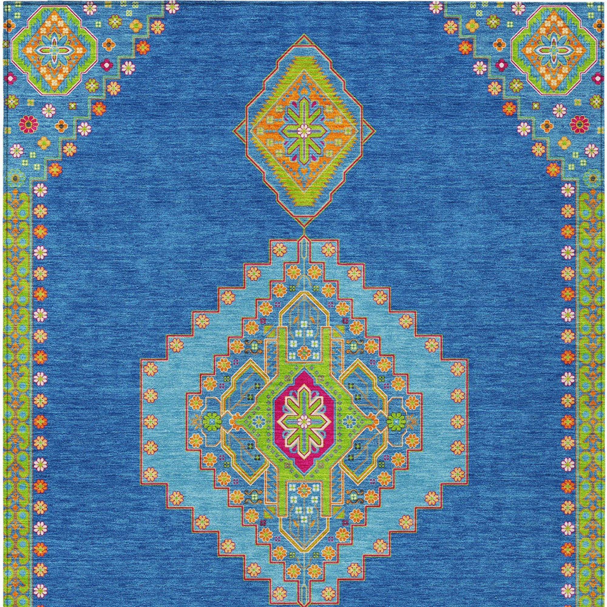 10' X 14' Denim Blue Red And Green Oriental Washable Indoor Outdoor Area Rug - 1 - Sports & Outdoor