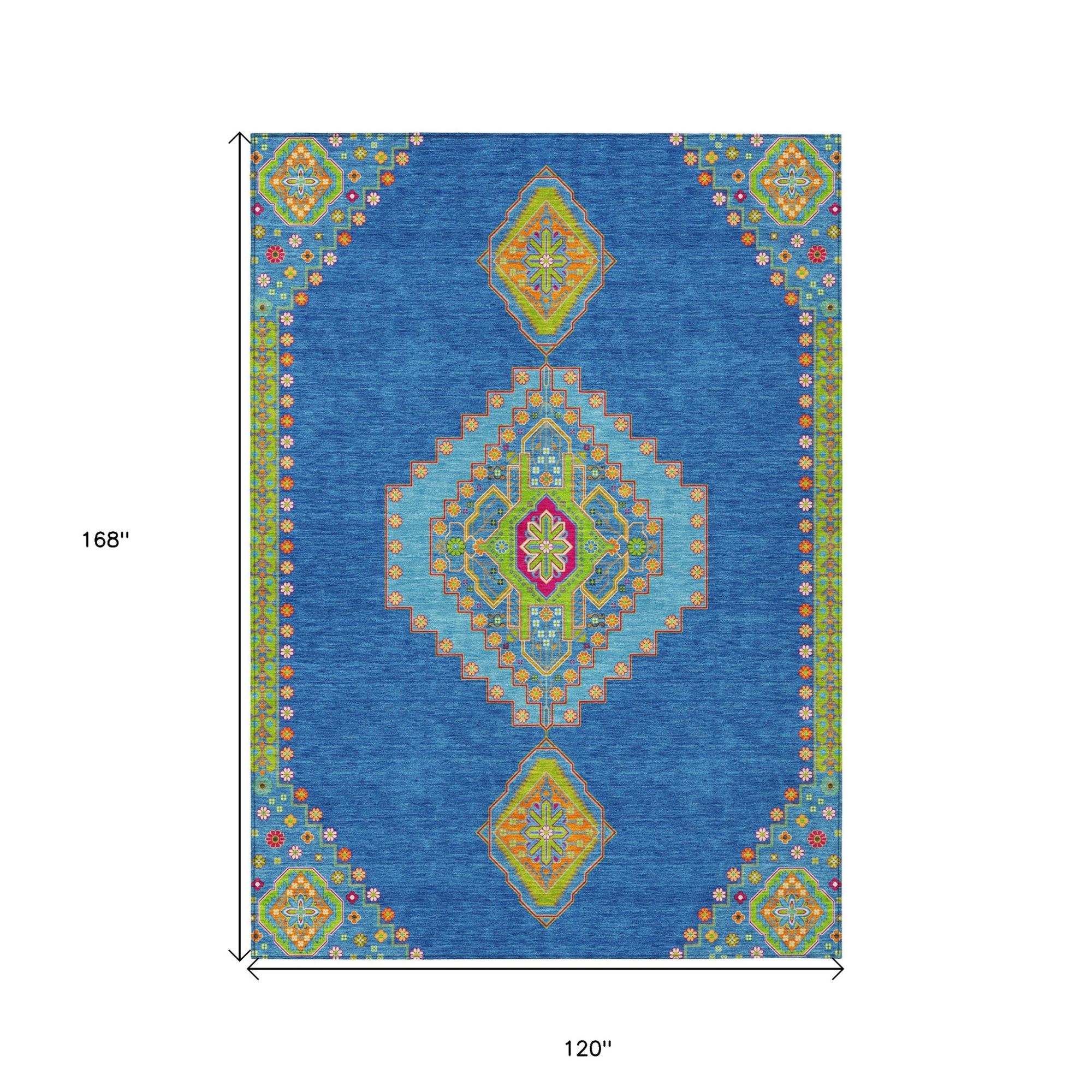 10' X 14' Denim Blue Red And Green Oriental Washable Indoor Outdoor Area Rug - 1 - Sports & Outdoor