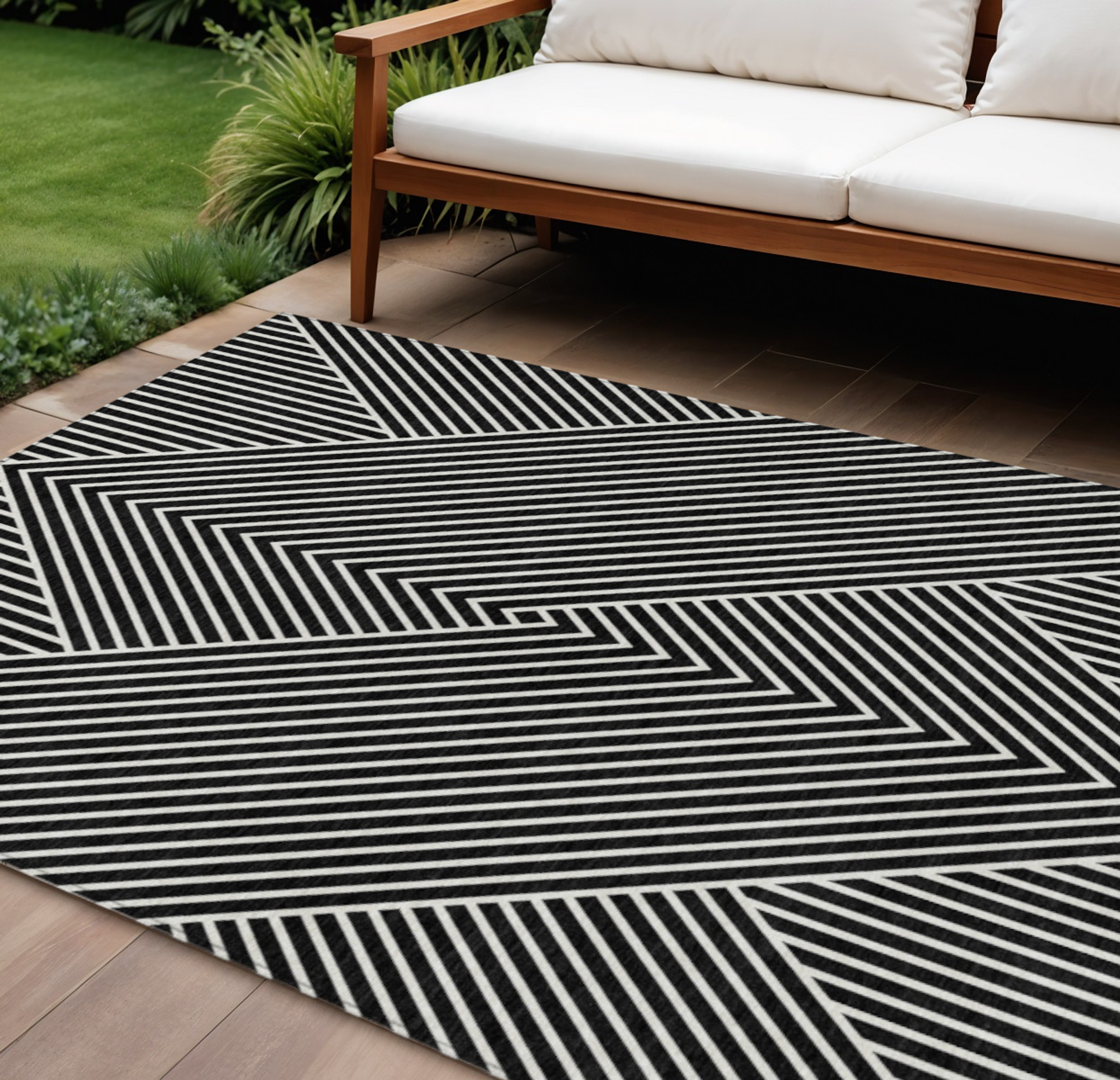 10' X 14' Black And Ivory Geometric Washable Indoor Outdoor Area Rug - 1 - Sports & Outdoor
