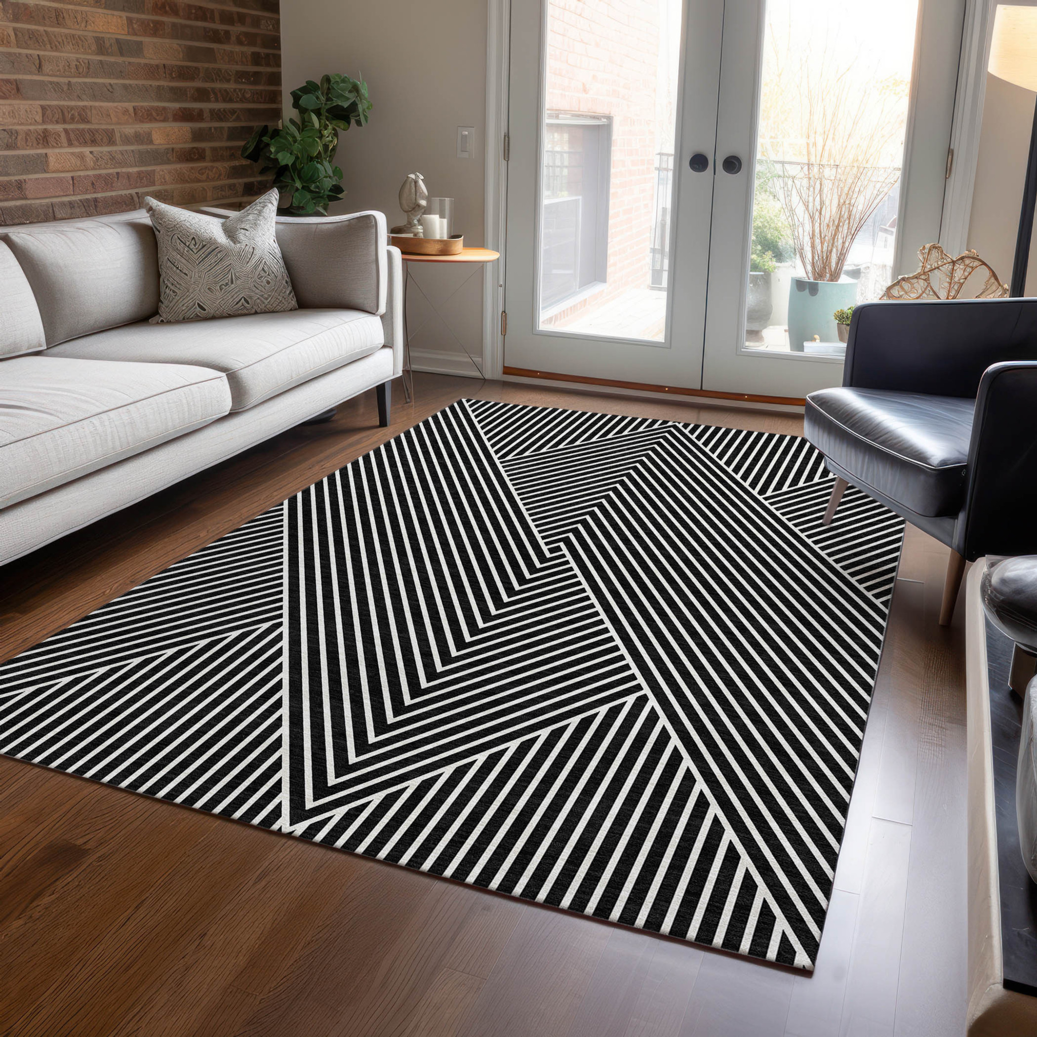 10' X 14' Black And Ivory Geometric Washable Indoor Outdoor Area Rug - 1 - Sports & Outdoor