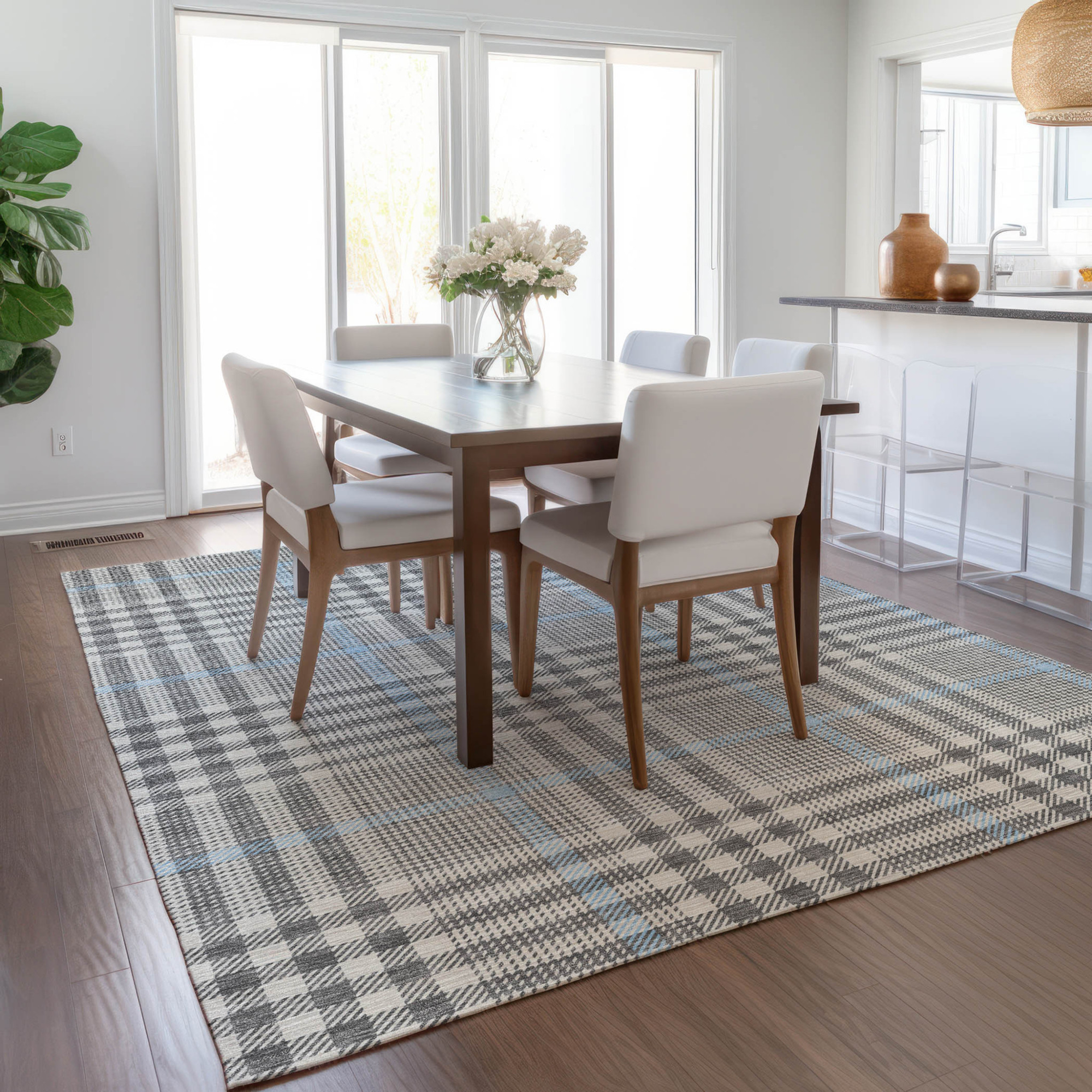 10' X 14' Gray Blue And Beige Plaid Washable Indoor Outdoor Area Rug - 1 - Sports & Outdoor