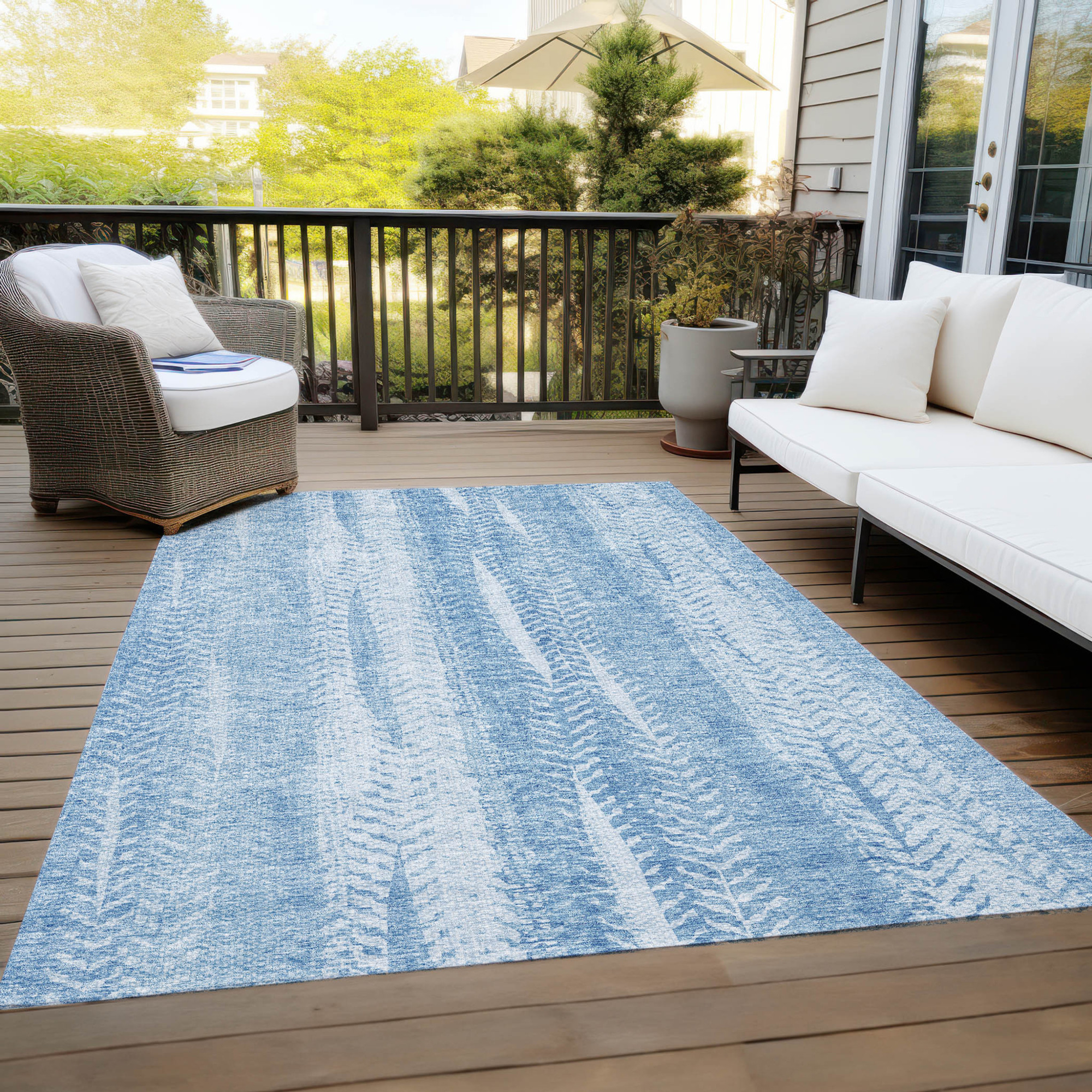 10' X 14' Sky Blue And Denim Blue Botanical Leaves Washable Indoor Outdoor Area Rug - 1 - Sports & Outdoor