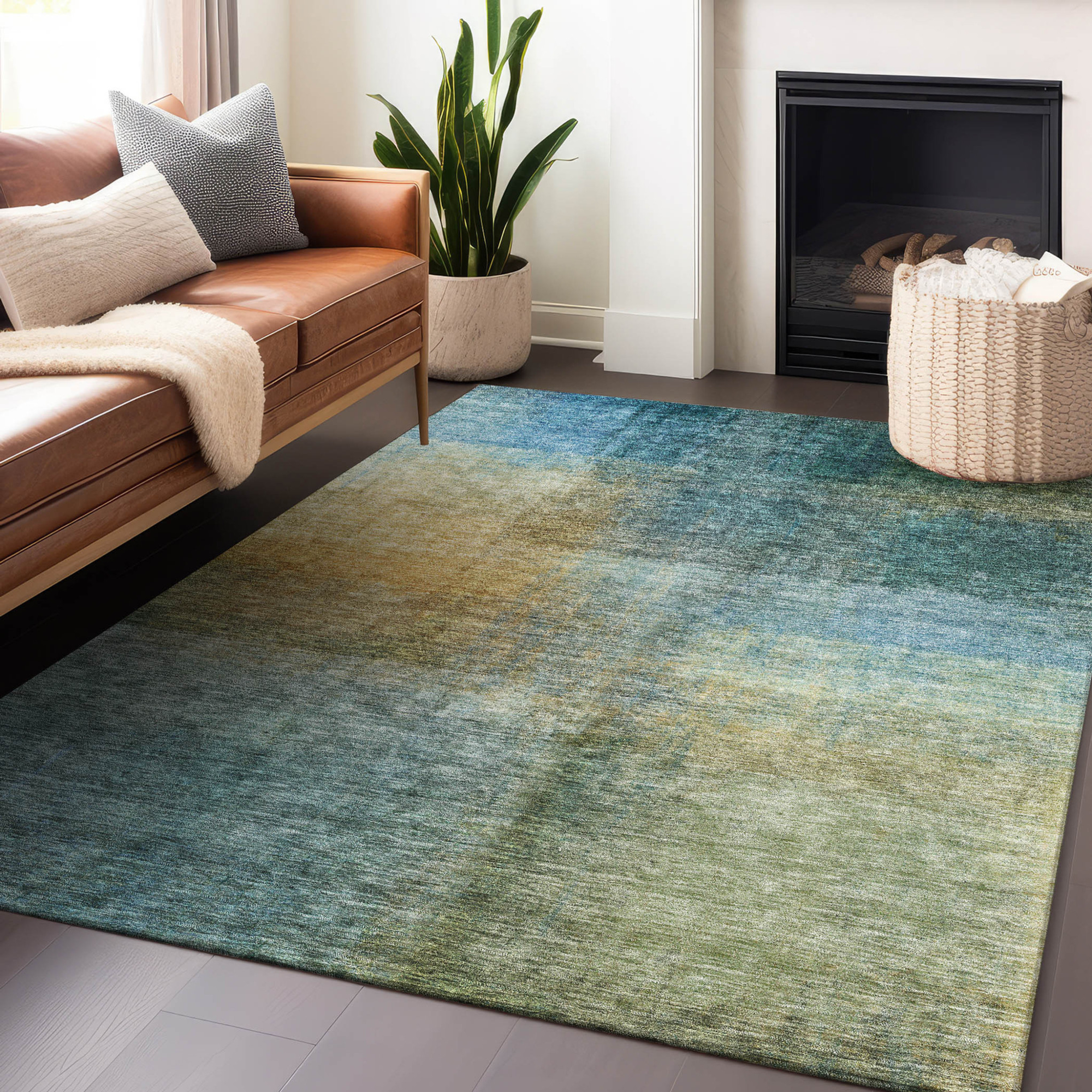 10' X 14' Blue Gold And Green Abstract Washable Indoor Outdoor Area Rug - 1 - Sports & Outdoor