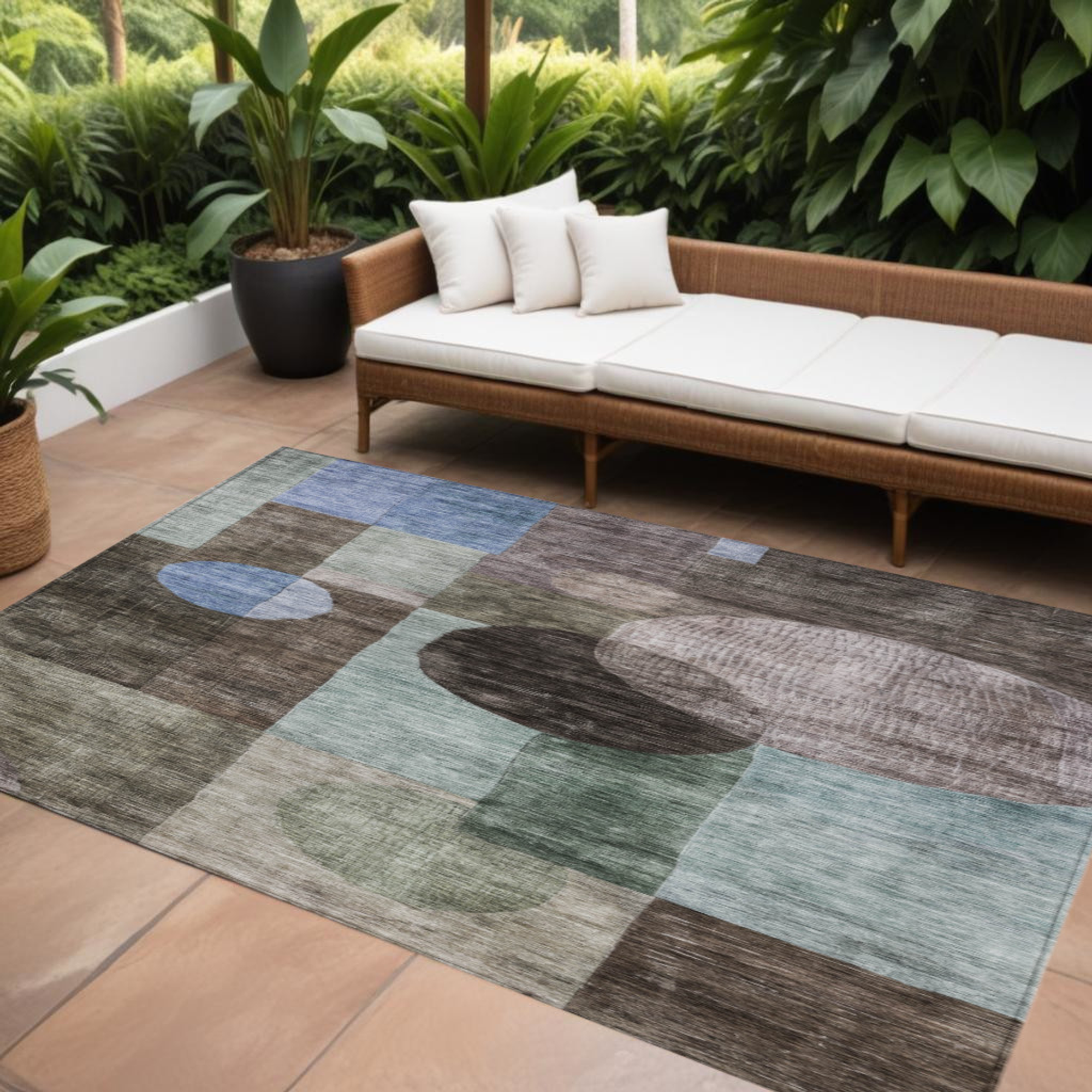 10' X 14' Brown Blue And Green Geometric Washable Indoor Outdoor Area Rug - 1 - Sports & Outdoor