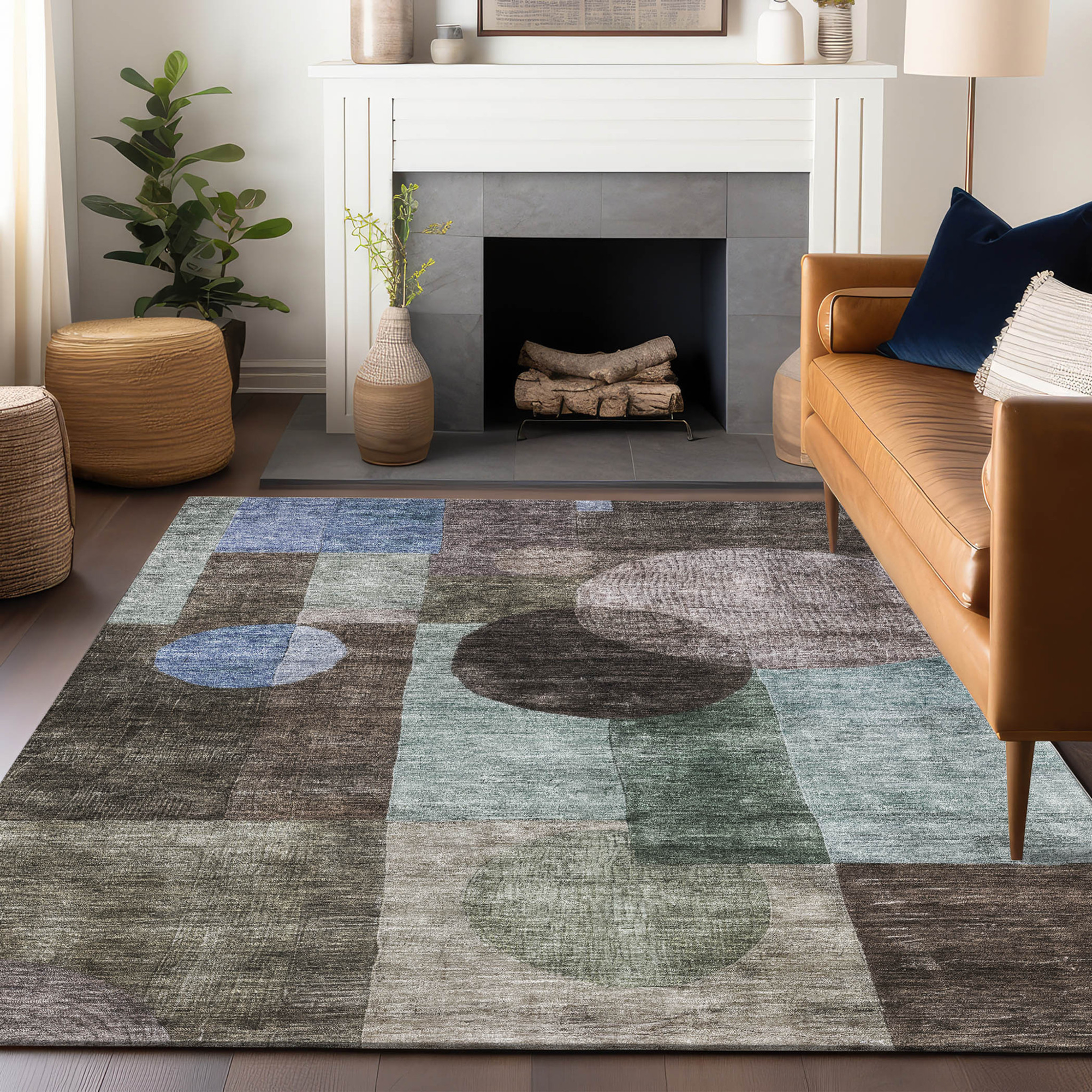 10' X 14' Brown Blue And Green Geometric Washable Indoor Outdoor Area Rug - 1 - Sports & Outdoor