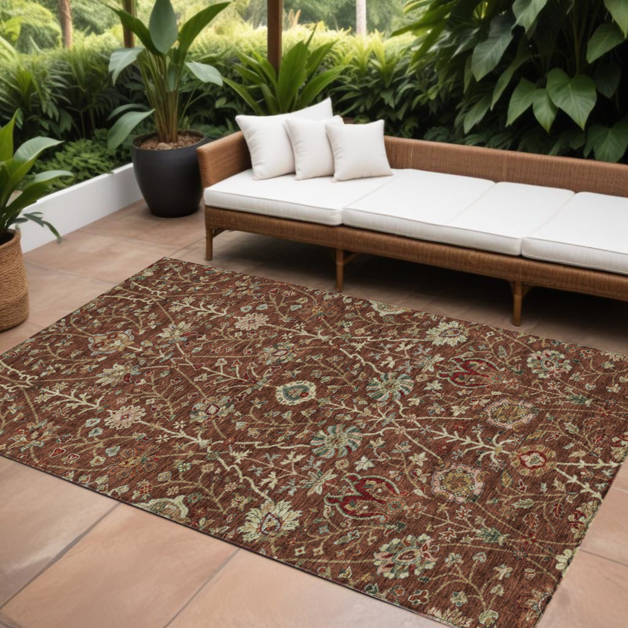 10' X 14' Brown Tan And Red Floral Washable Indoor Outdoor Area Rug Sports & Outdoor