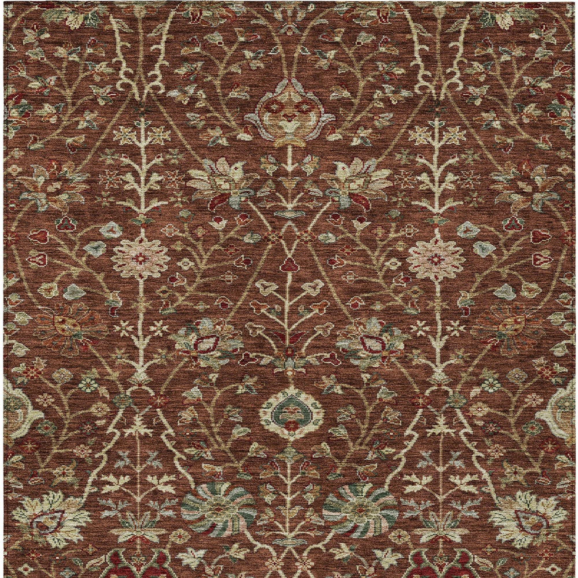 10' X 14' Brown Tan And Red Floral Washable Indoor Outdoor Area Rug - 1 - Sports & Outdoor
