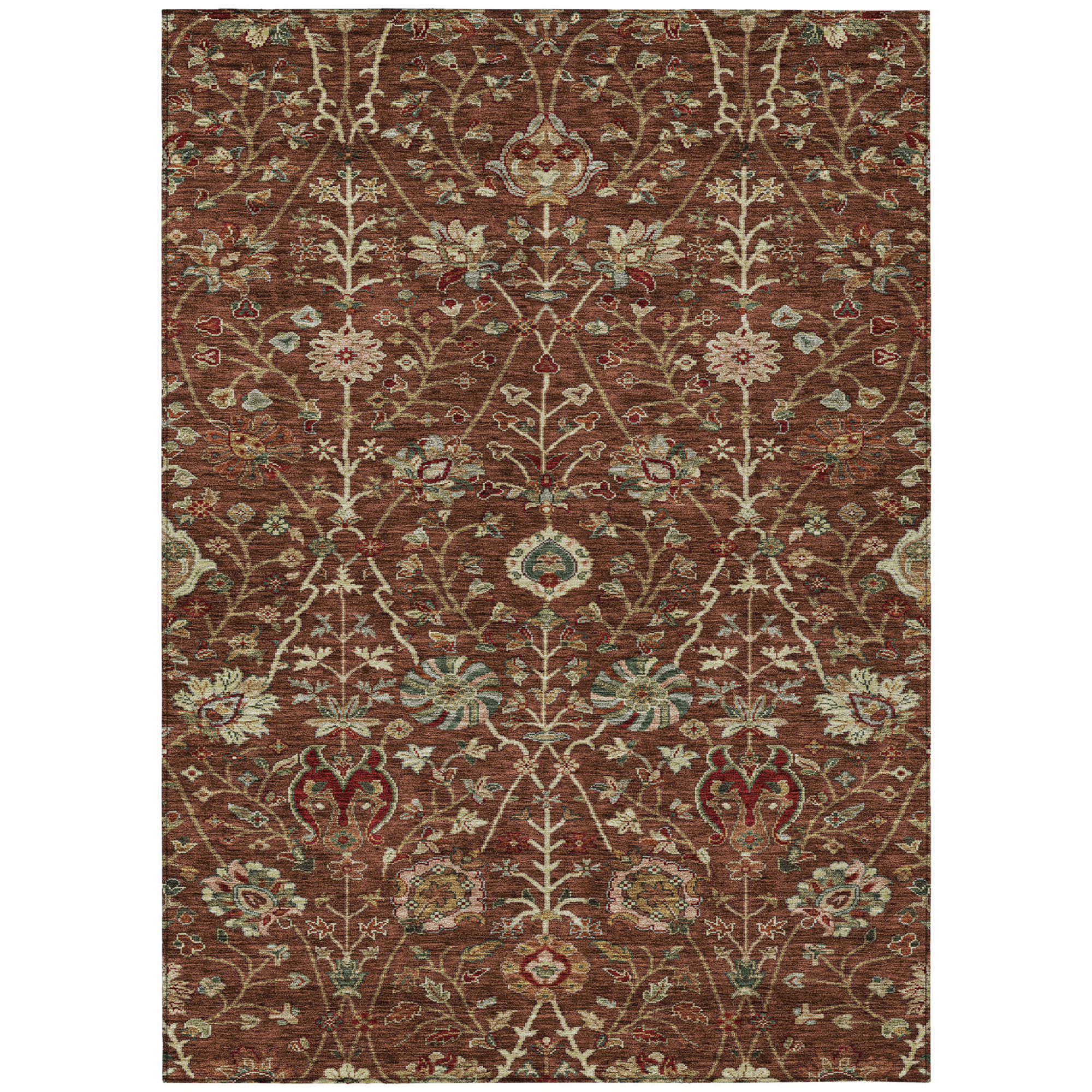 10' X 14' Brown Tan And Red Floral Washable Indoor Outdoor Area Rug - 1 - Sports & Outdoor