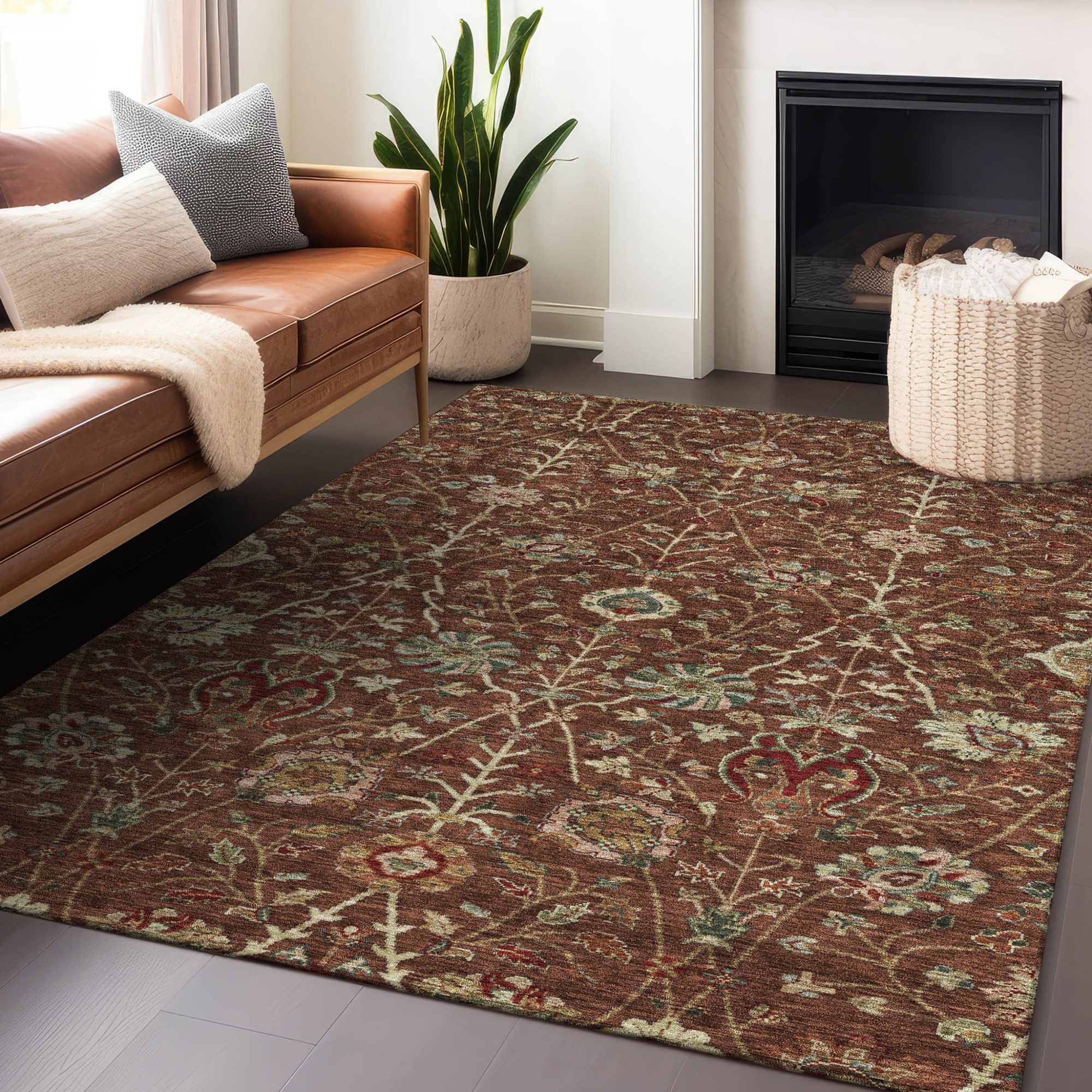 10' X 14' Brown Tan And Red Floral Washable Indoor Outdoor Area Rug - 1 - Sports & Outdoor