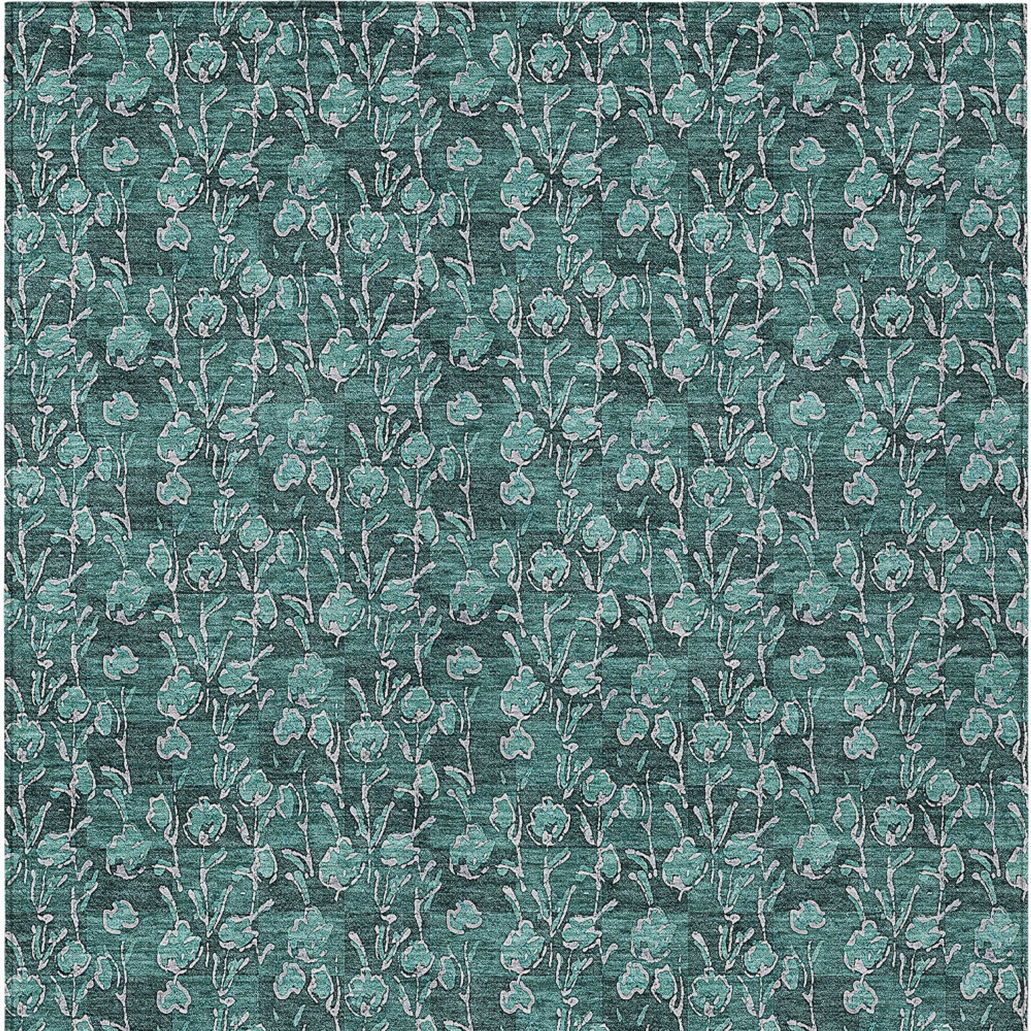 10' X 14' Teal Blue Aqua And Ivory Floral Washable Indoor Outdoor Area Rug - 1 - Sports & Outdoor