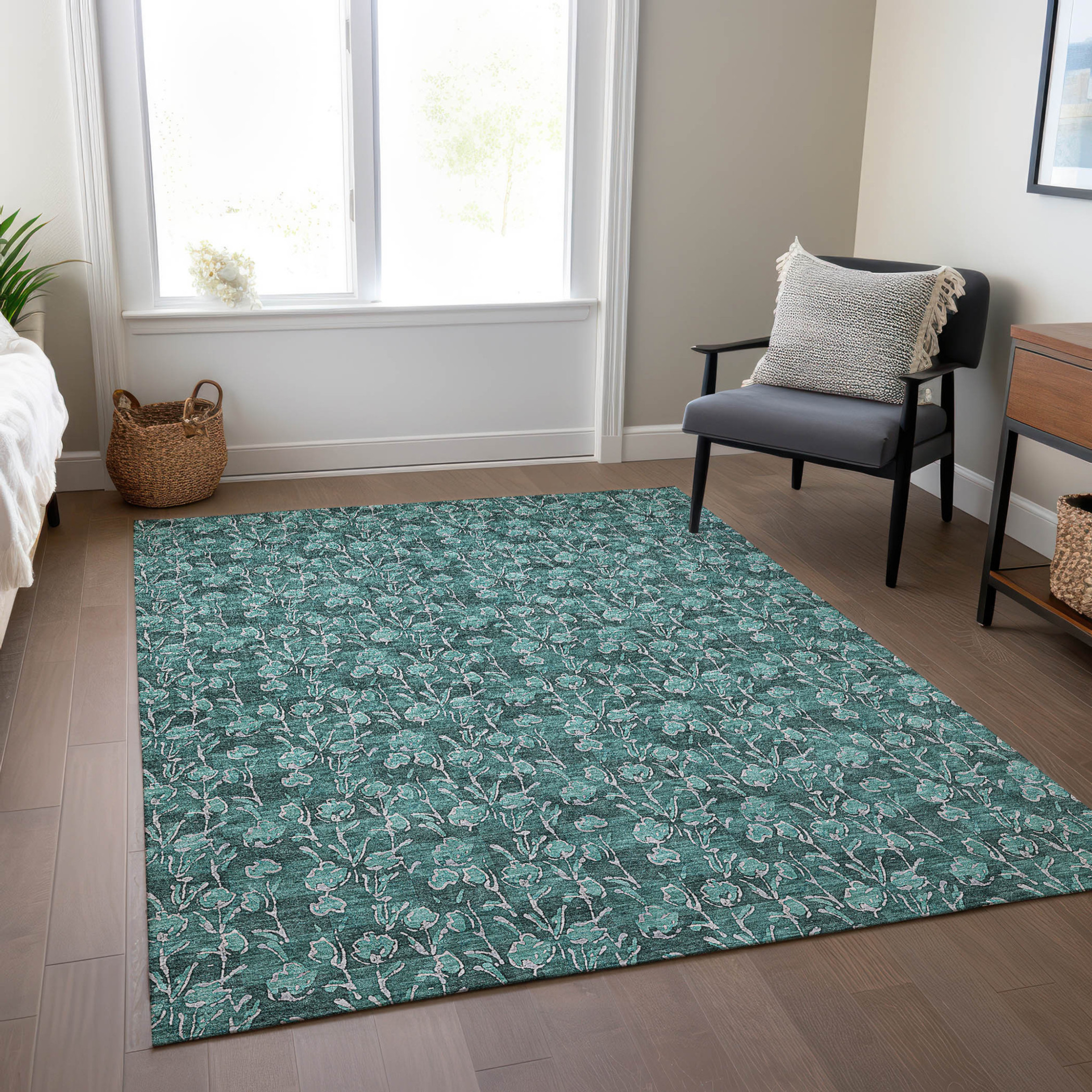 10' X 14' Teal Blue Aqua And Ivory Floral Washable Indoor Outdoor Area Rug - 1 - Sports & Outdoor