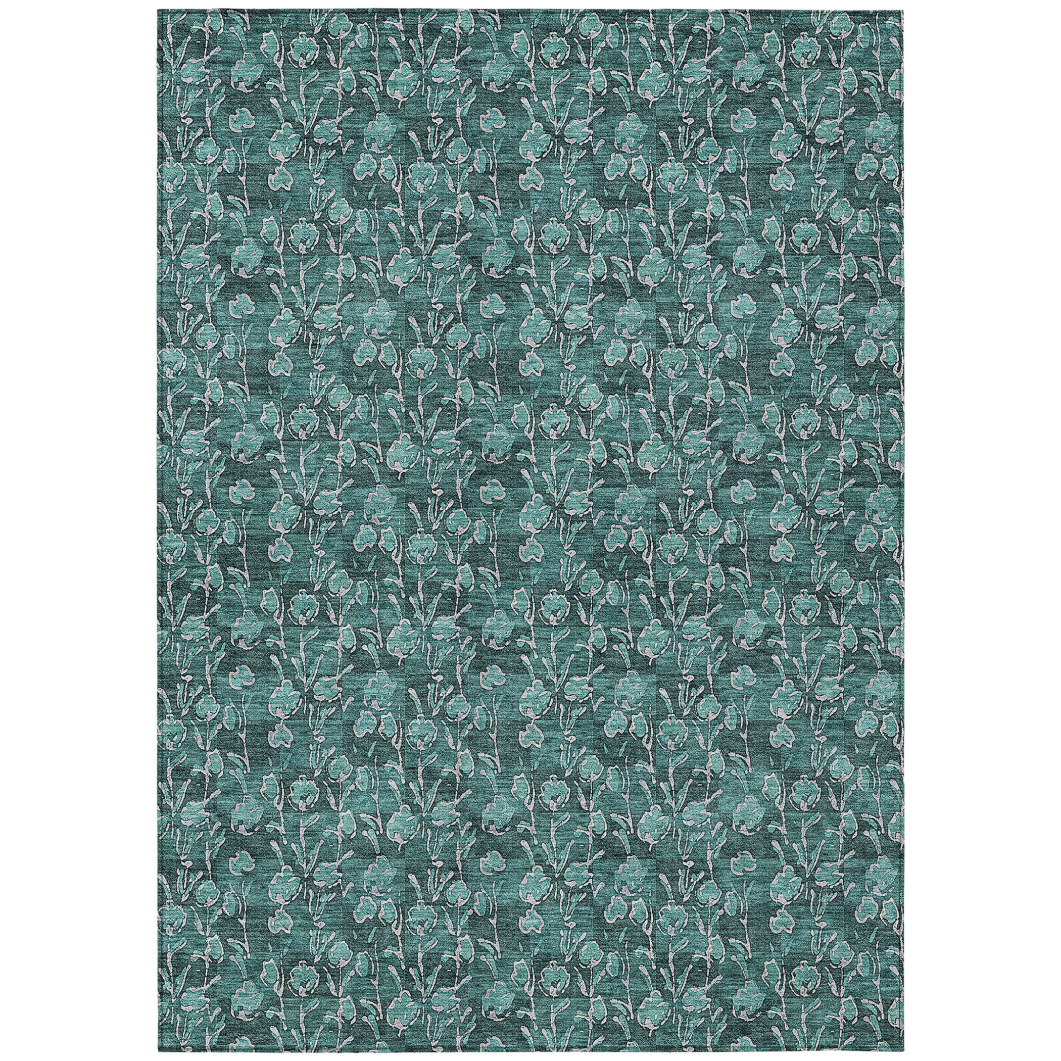 10' X 14' Teal Blue Aqua And Ivory Floral Washable Indoor Outdoor Area Rug - 1 - Sports & Outdoor