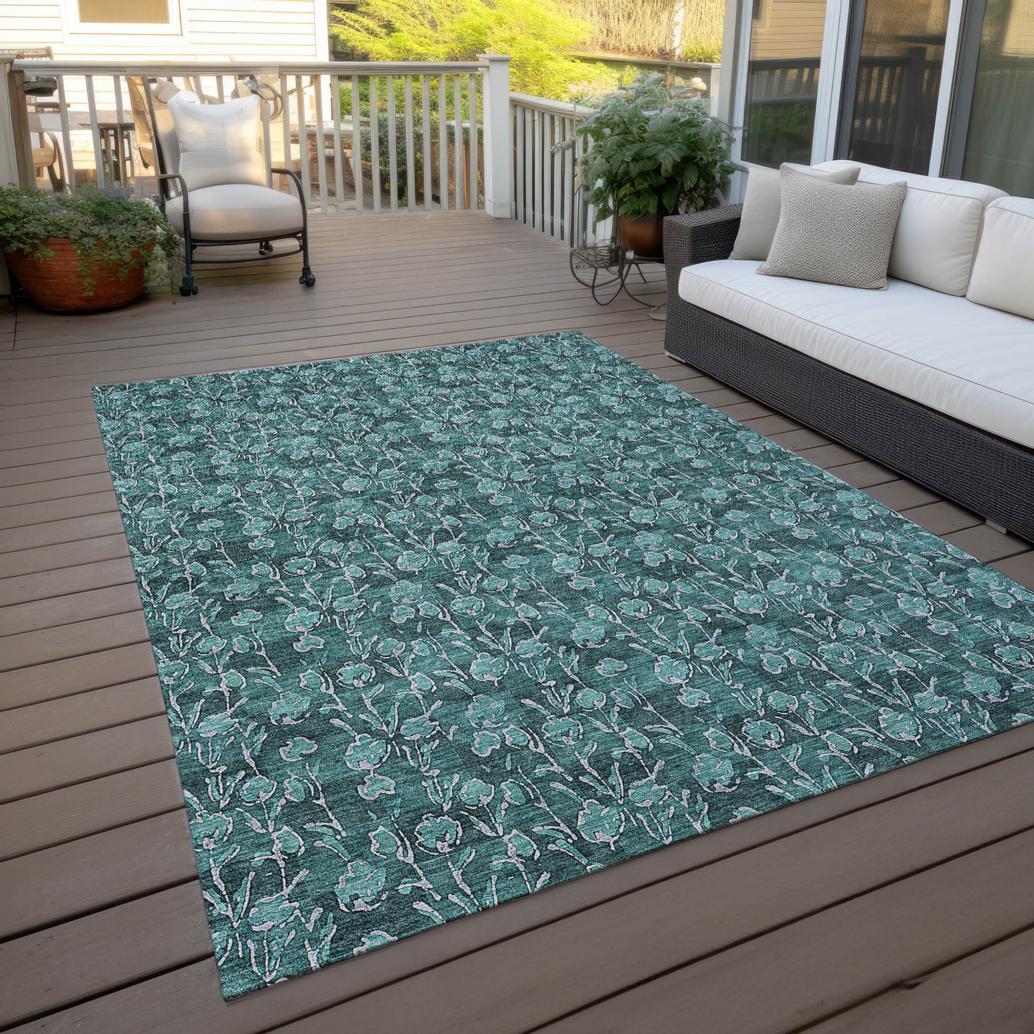 10' X 14' Teal Blue Aqua And Ivory Floral Washable Indoor Outdoor Area Rug - 1 - Sports & Outdoor