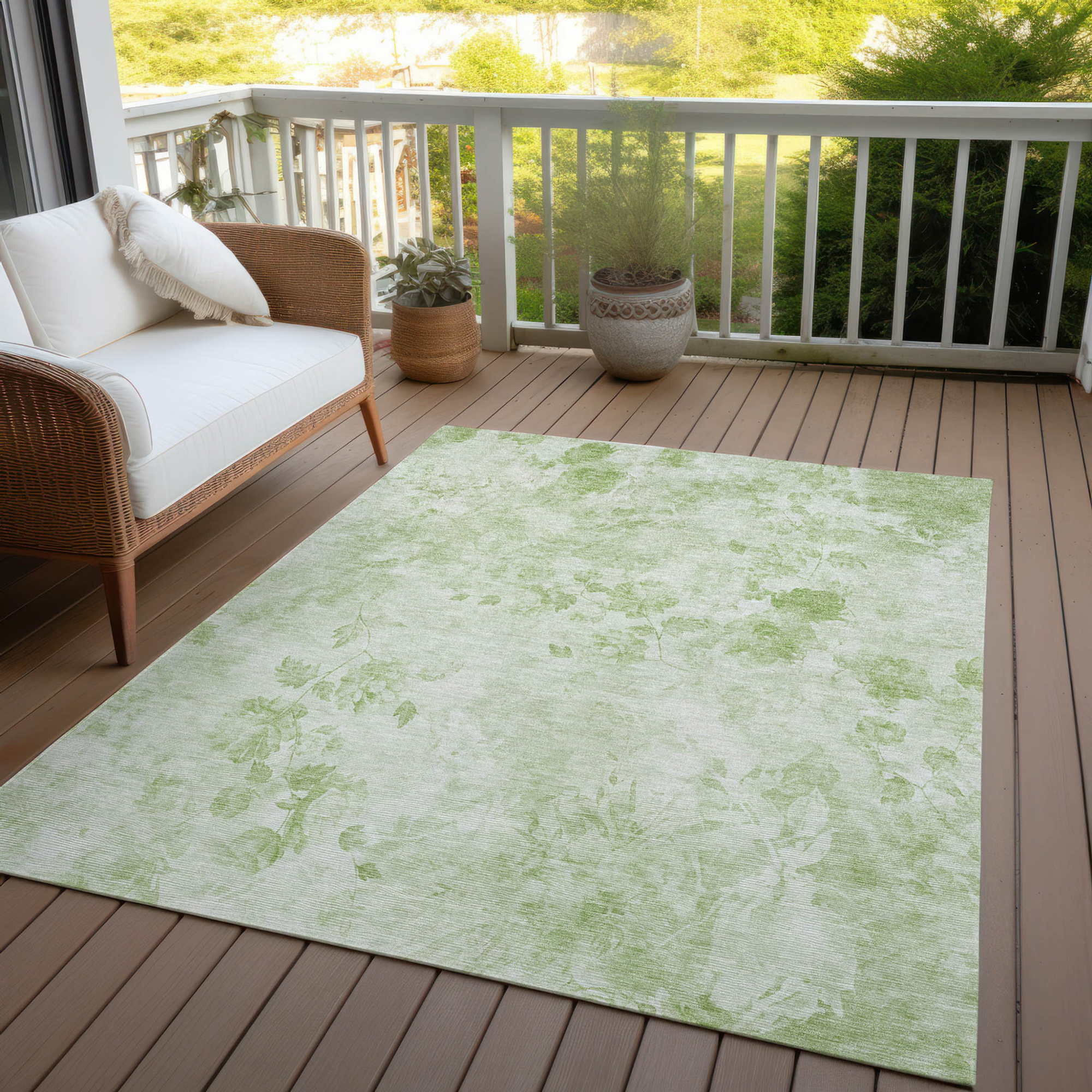 10' X 14' Green And Ivory Floral Washable Indoor Outdoor Area Rug - 1 - Sports & Outdoor