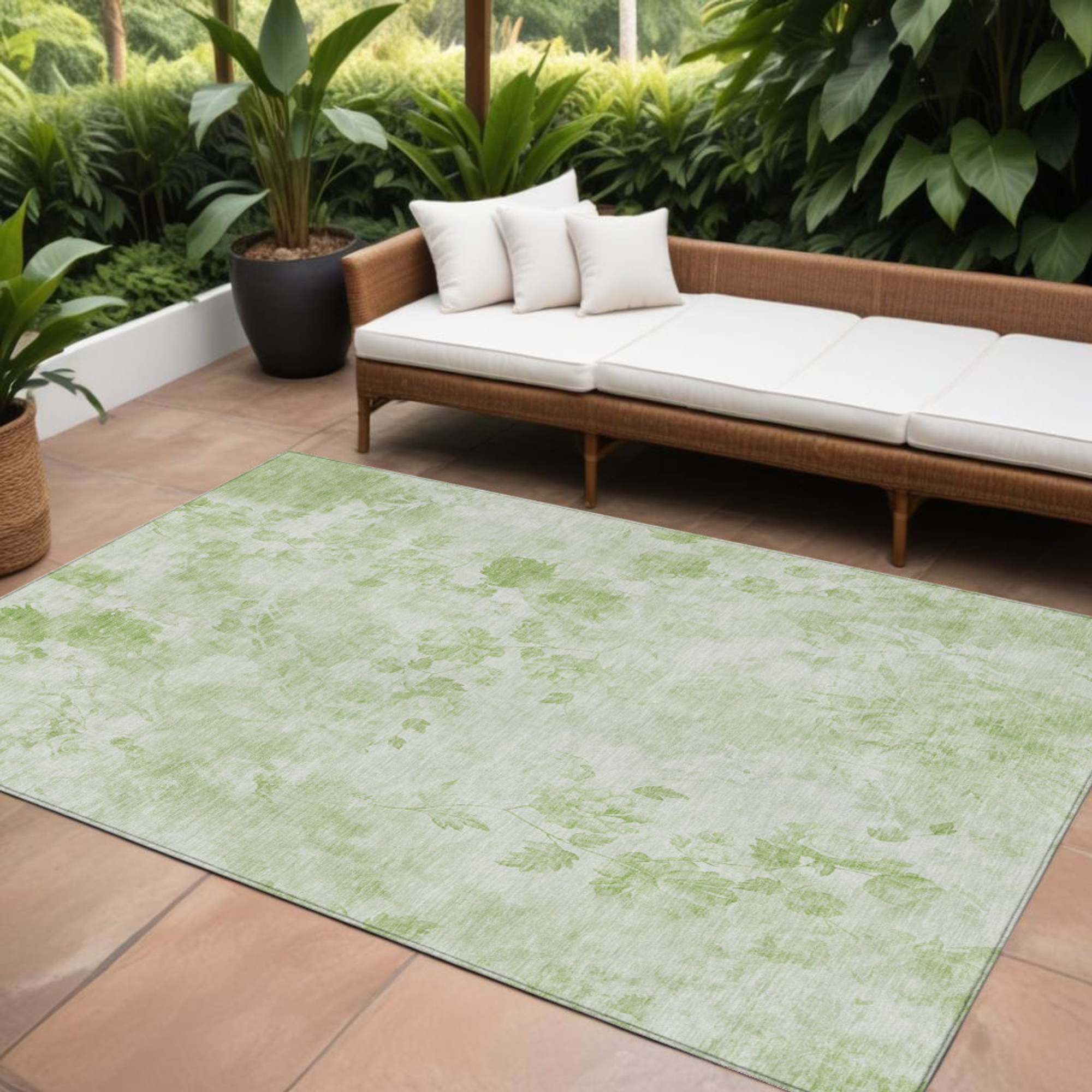 10' X 14' Green And Ivory Floral Washable Indoor Outdoor Area Rug - 1 - Sports & Outdoor
