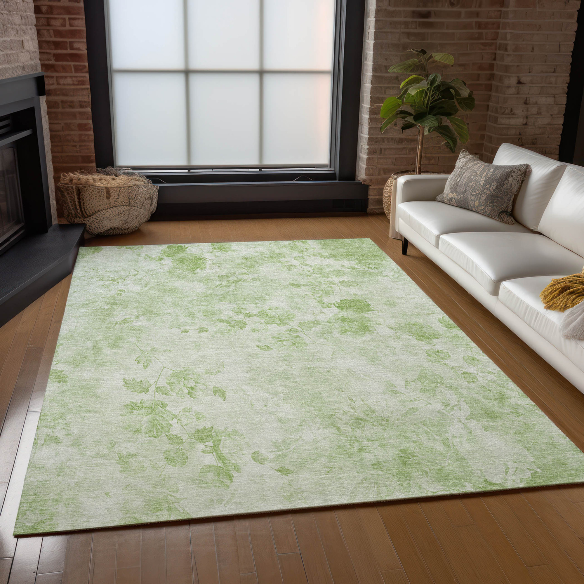 10' X 14' Green And Ivory Floral Washable Indoor Outdoor Area Rug - 1 - Sports & Outdoor