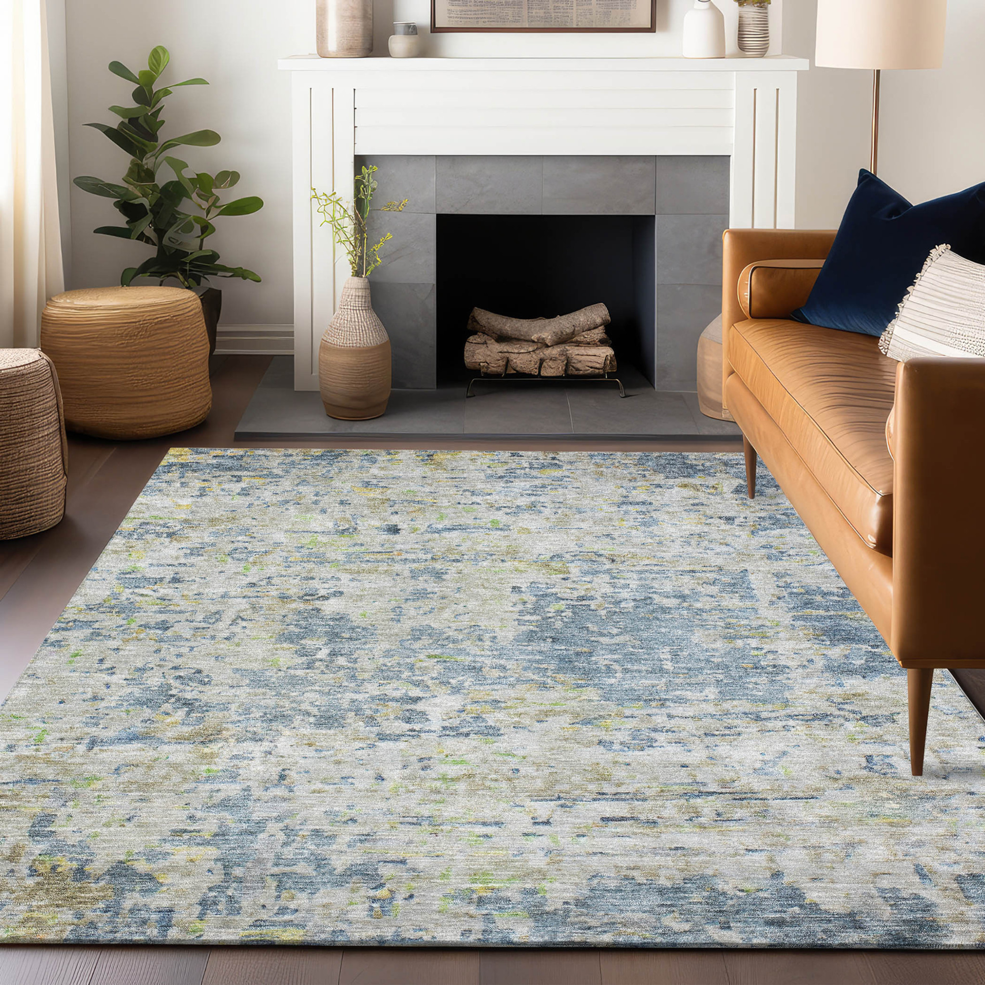 10' X 14' Blue Gray And Green Abstract Washable Indoor Outdoor Area Rug - 1 - Sports & Outdoor