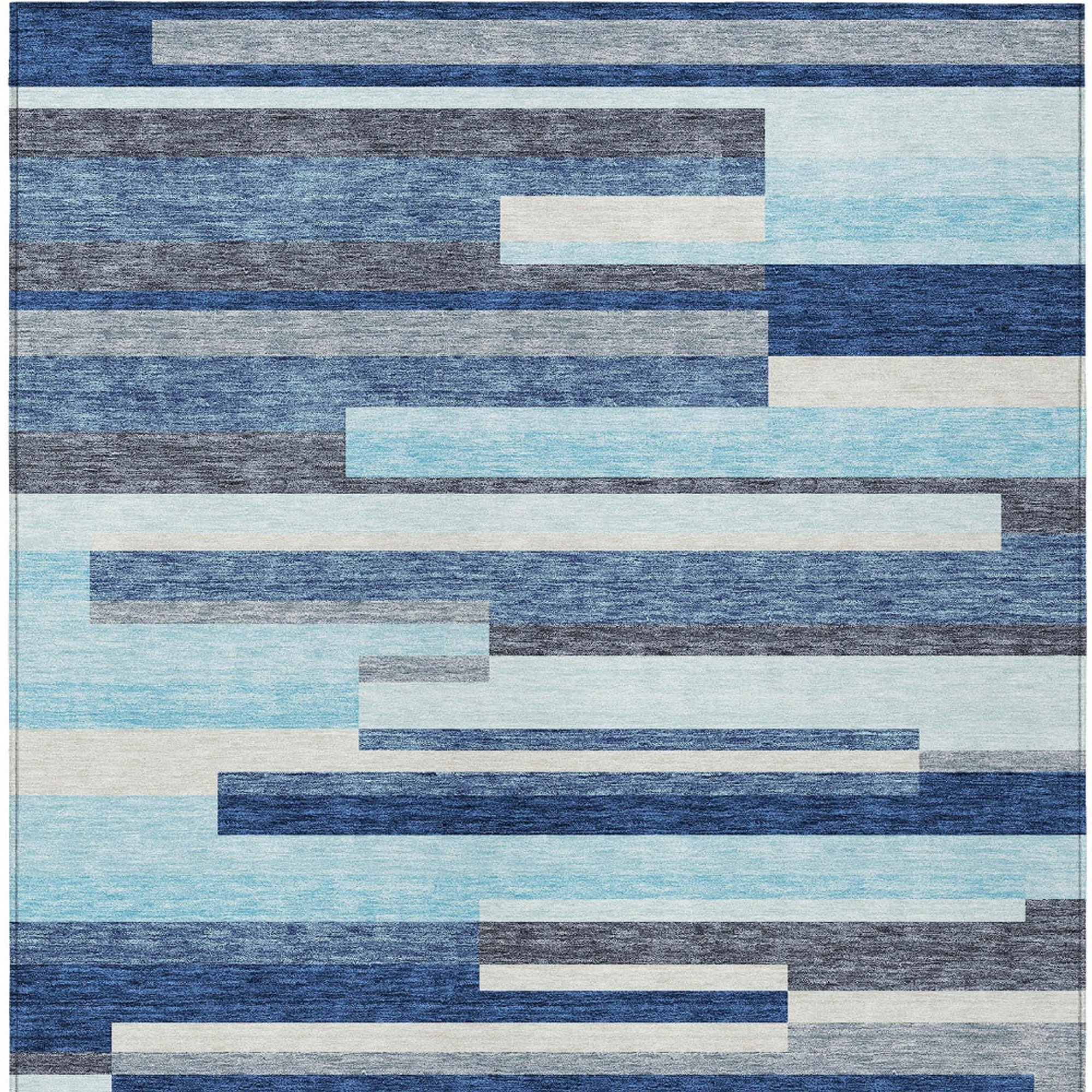 10' X 14' Blue Gray And Ivory Striped Washable Indoor Outdoor Area Rug - 1 - Sports & Outdoor