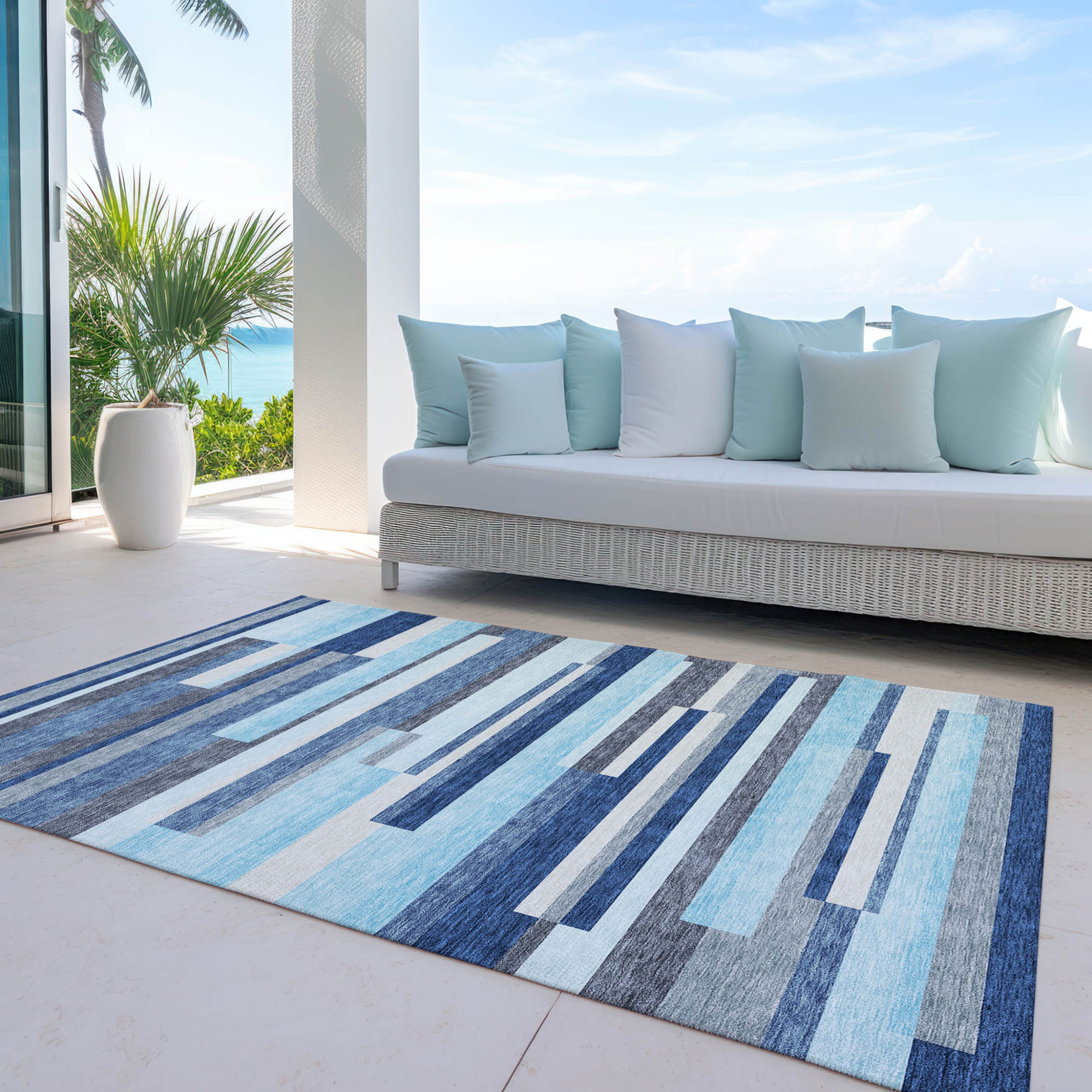 10' X 14' Blue Gray And Ivory Striped Washable Indoor Outdoor Area Rug - 1 - Sports & Outdoor