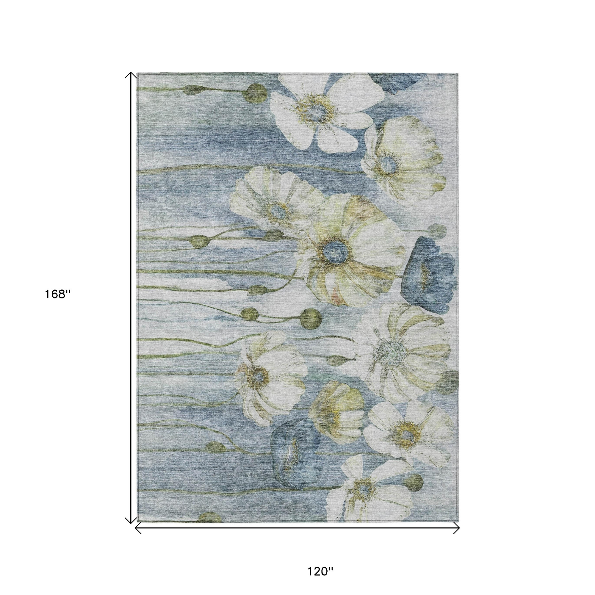 10' X 14' Denim Blue And Sky Blue Floral Washable Indoor Outdoor Area Rug - 1 - Sports & Outdoor